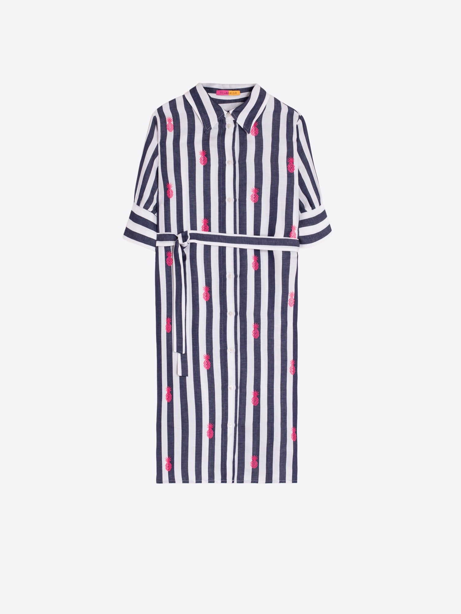 VESTIDO CON RAYAS MARINO Y PIÑAS BORDADAS