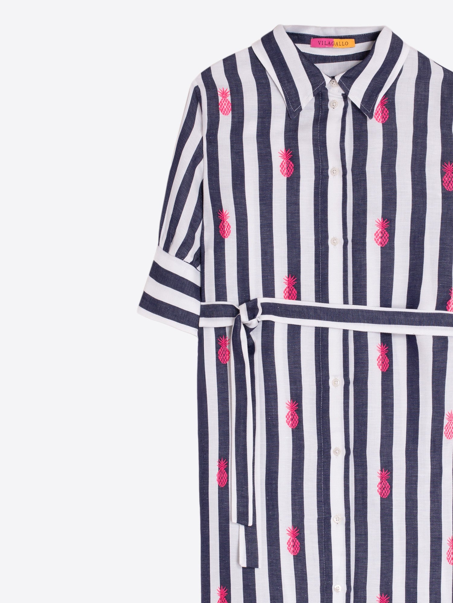 VESTIDO CON RAYAS MARINO Y PIÑAS BORDADAS
