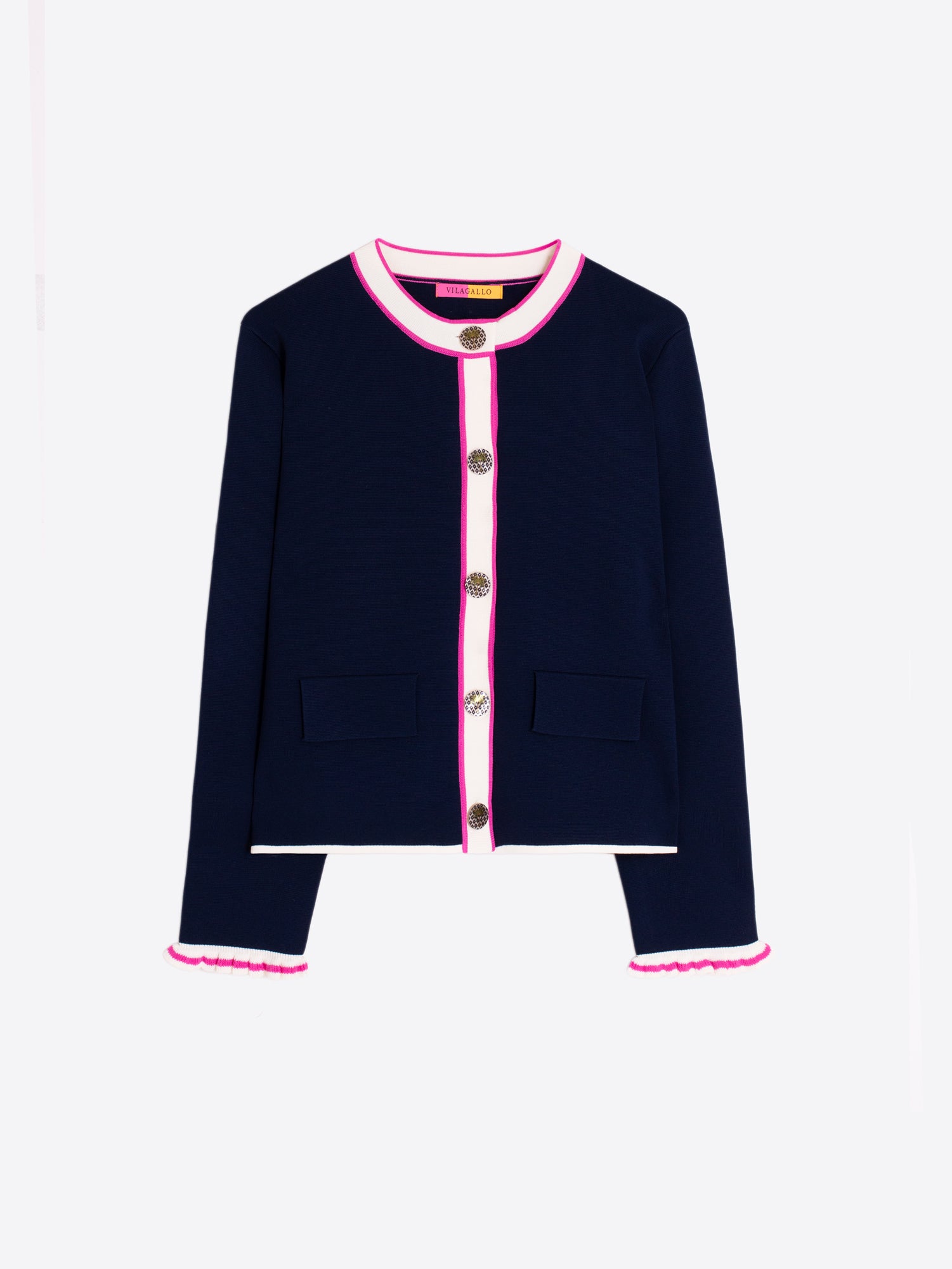 CHAQUETA MARINO RIBETES FUCSIA Y CRUDO