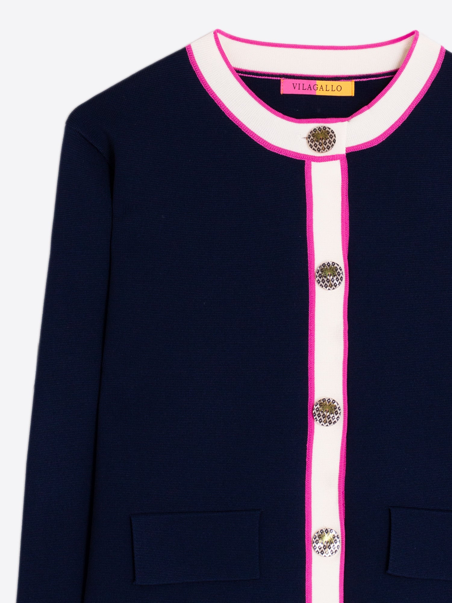 CHAQUETA MARINO RIBETES FUCSIA Y CRUDO