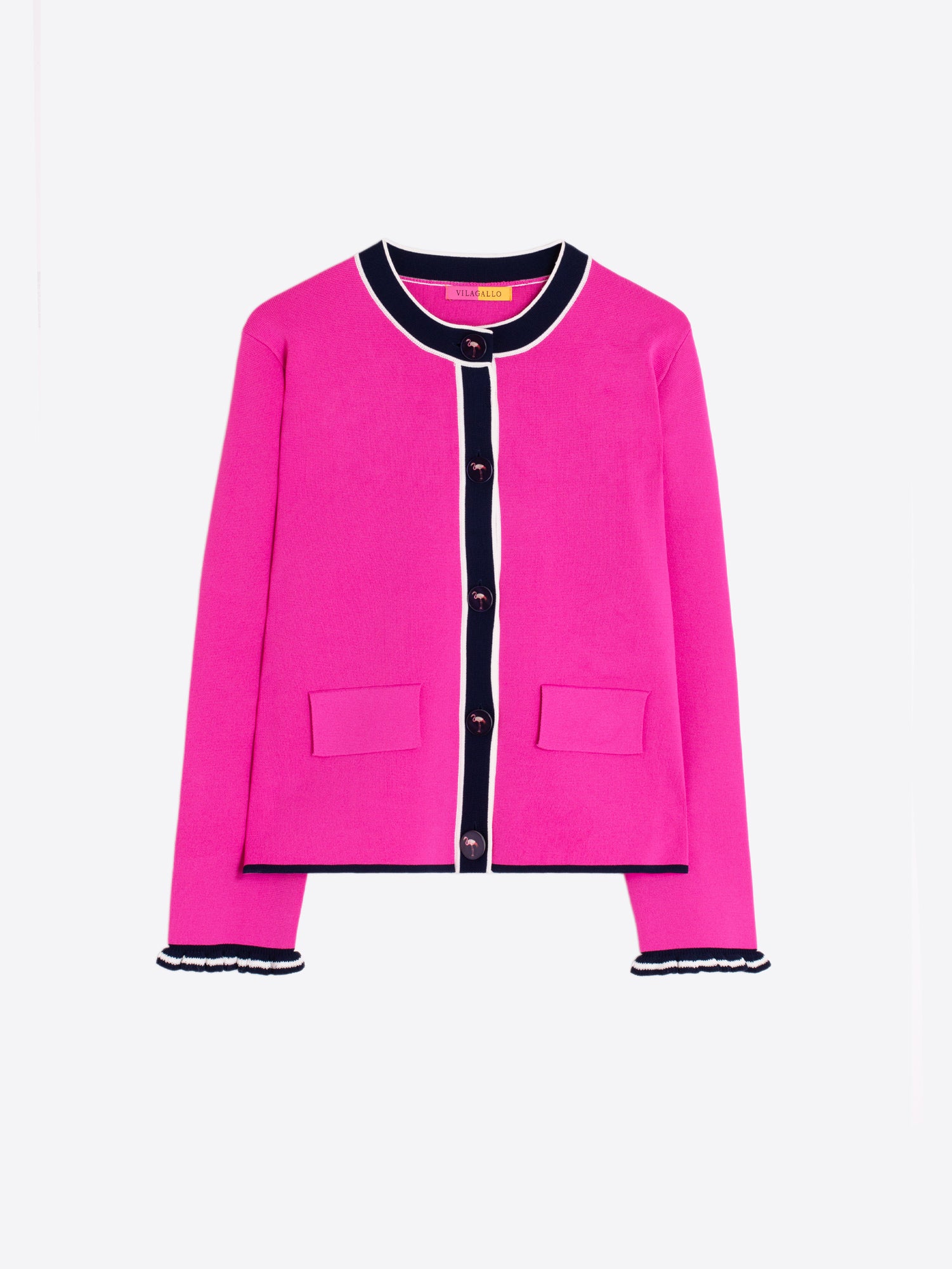 CHAQUETA FUCSIA RIBETES MARINO Y CRUDO