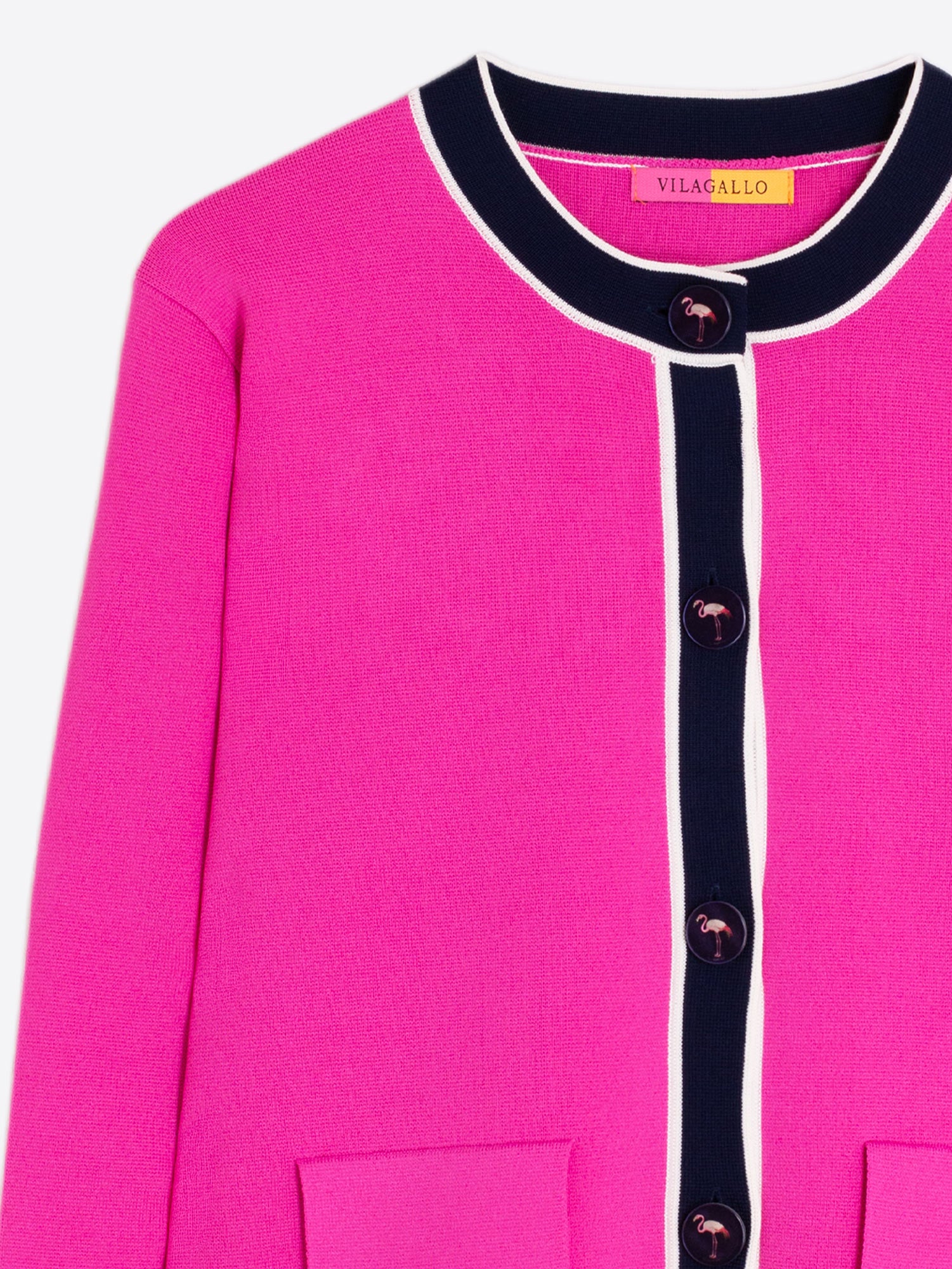 CHAQUETA FUCSIA RIBETES MARINO Y CRUDO