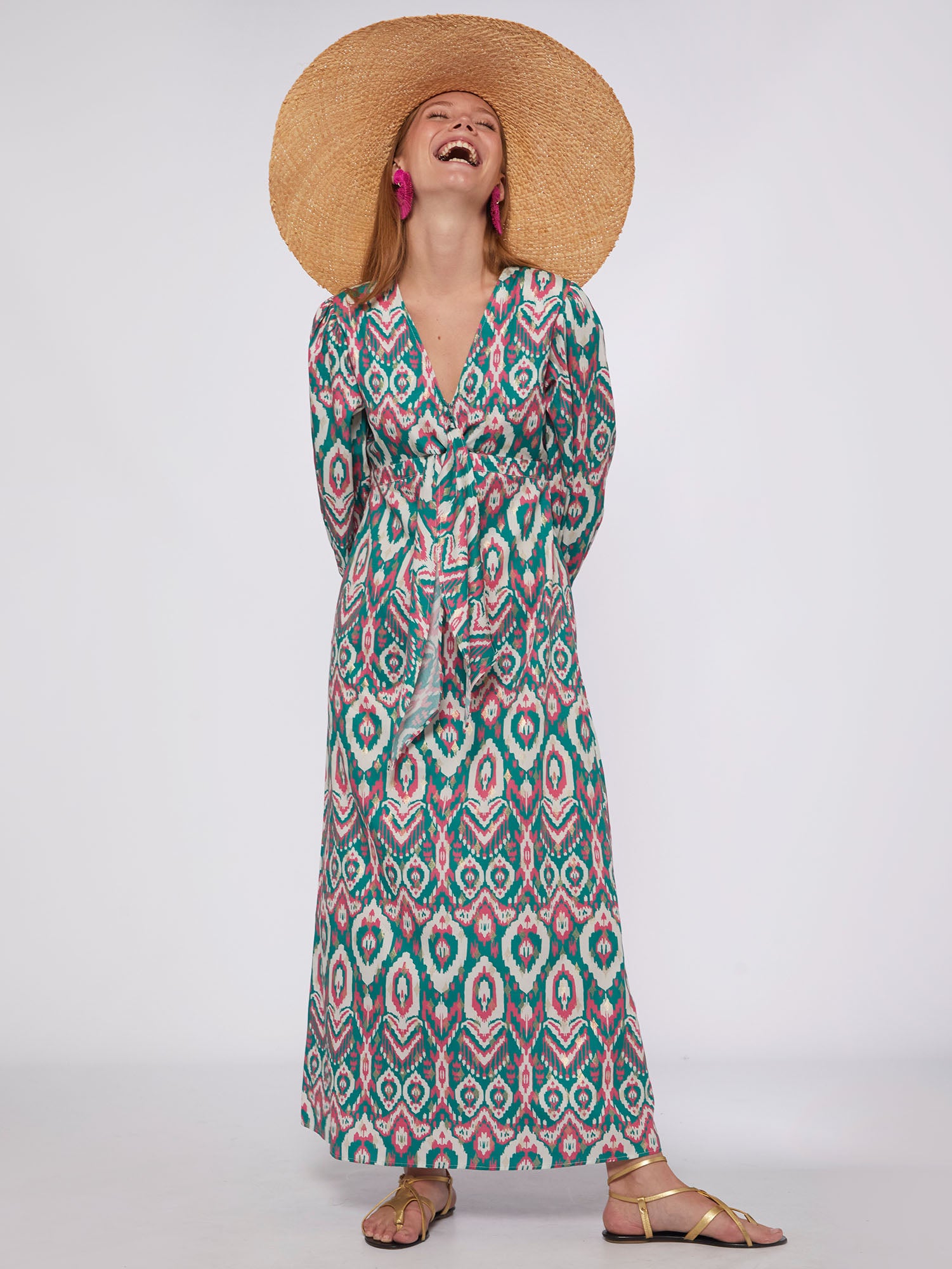 VESTIDO LORENNA IKAT GREEN PINK GOLD