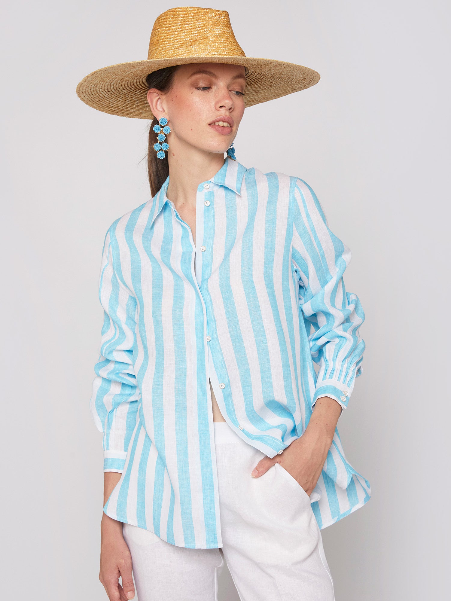 CAMISA GINGER TURQUOISE LINEN STRIPES