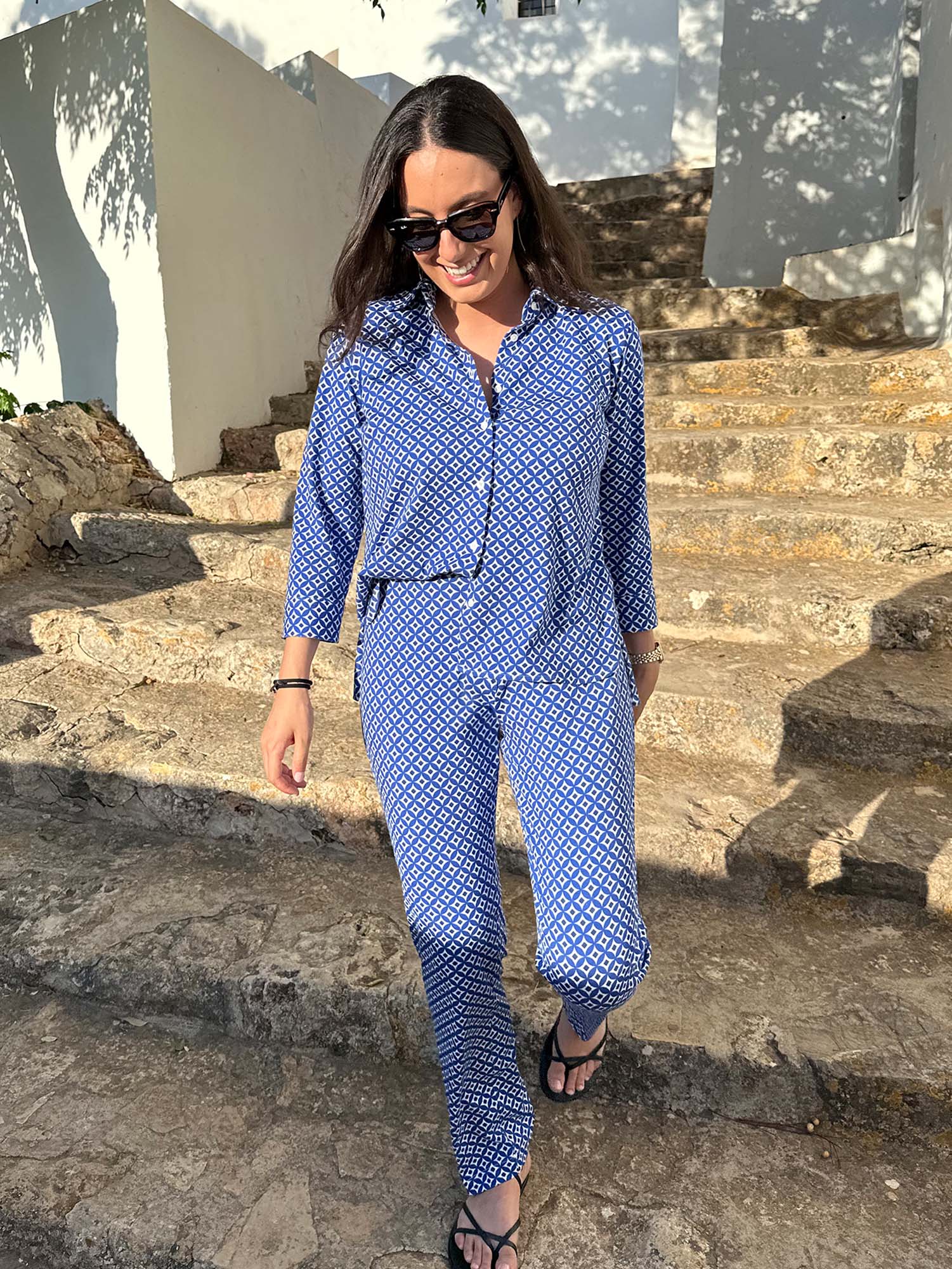 PANTALON THAIS GEOMETRICO AZUL PUNTO ALGODON