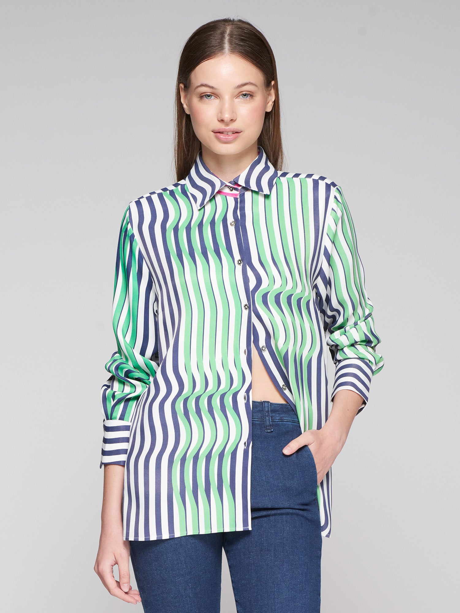 CAMISA MARIELA RAYA MERINO VERDE ROSA