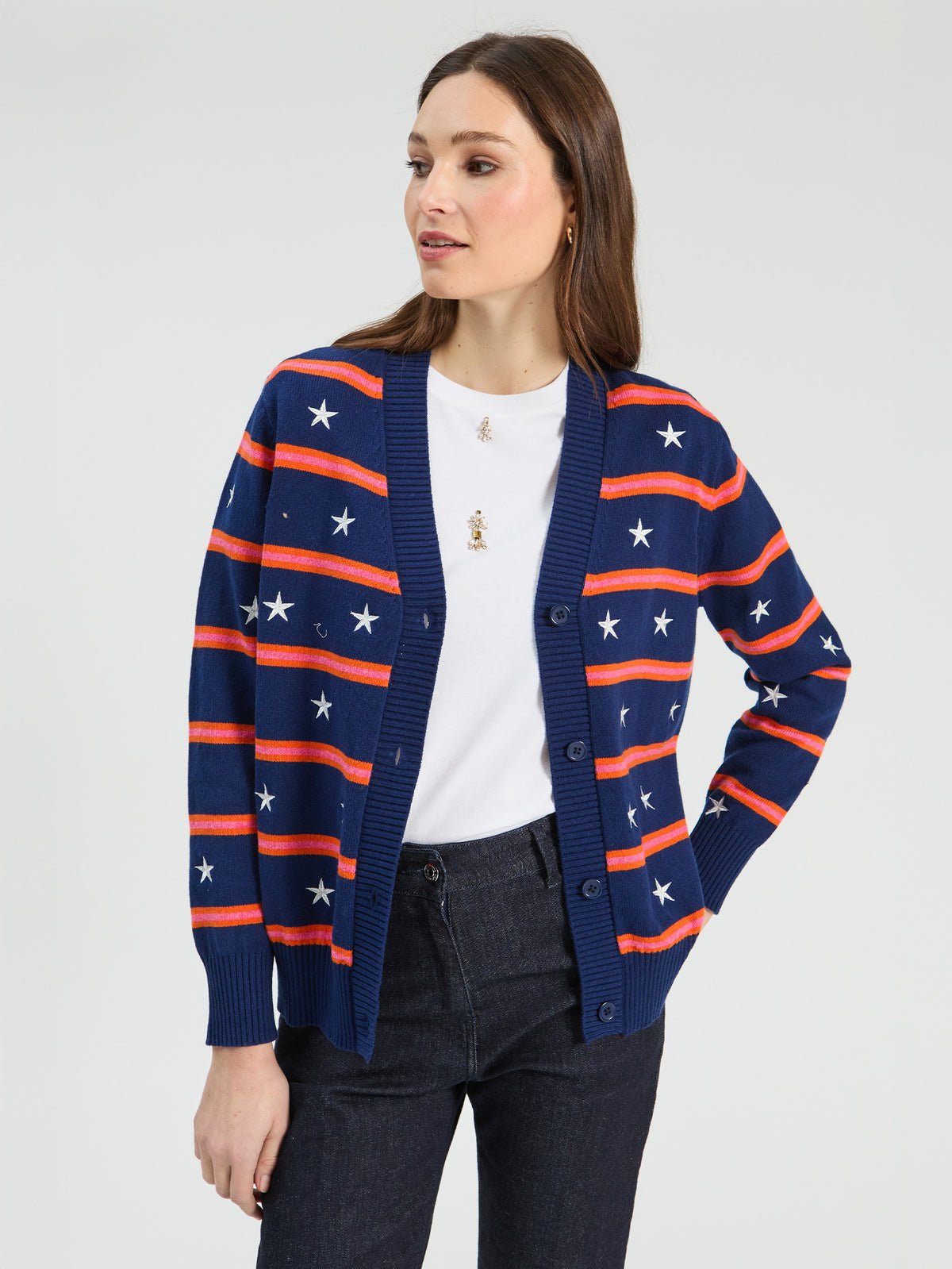 NAVY KNITTED CARDIGAN WITH WHITE STARS AND ORANGE STRIPES