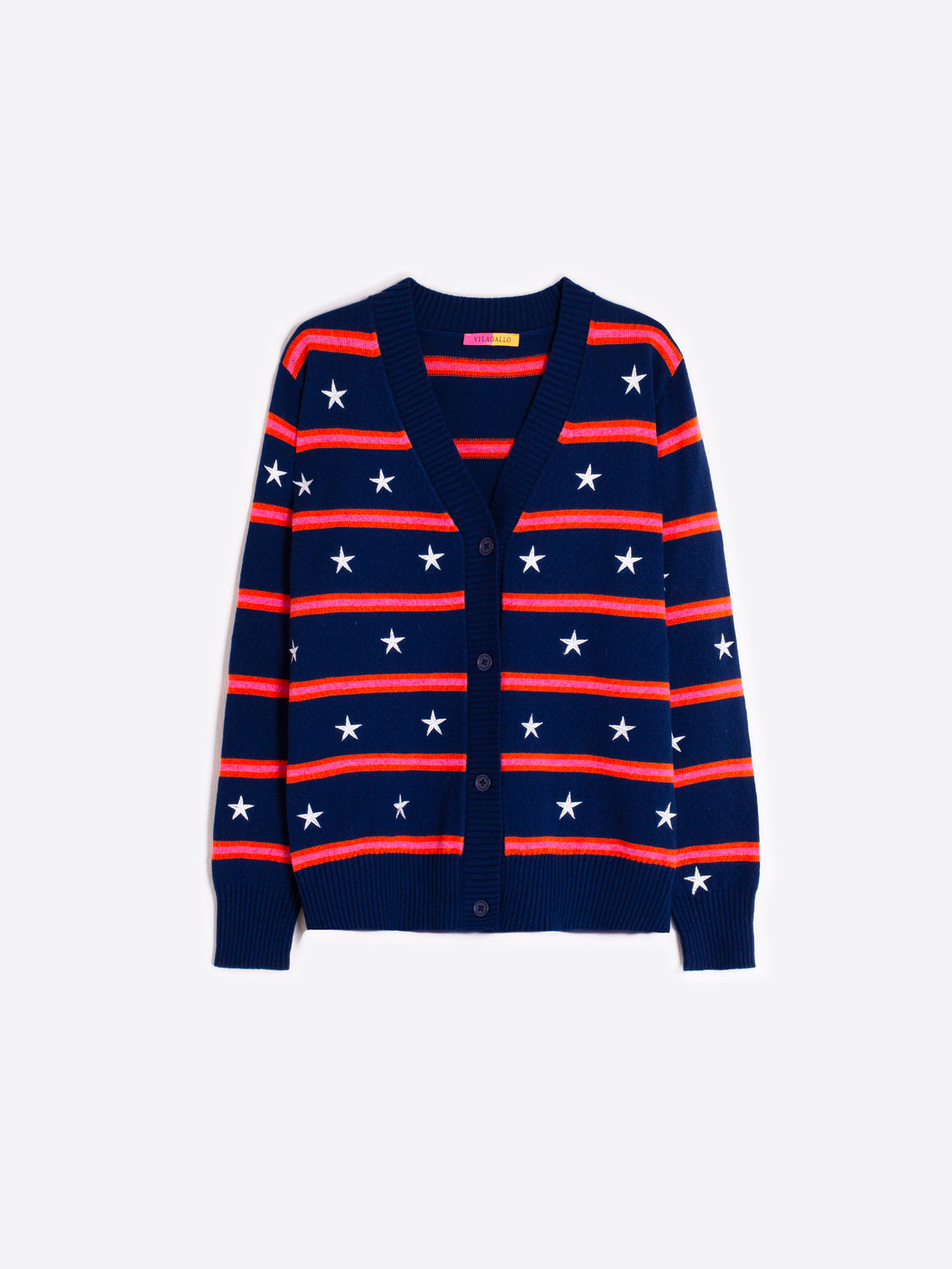 NAVY KNITTED CARDIGAN WITH WHITE STARS AND ORANGE STRIPES