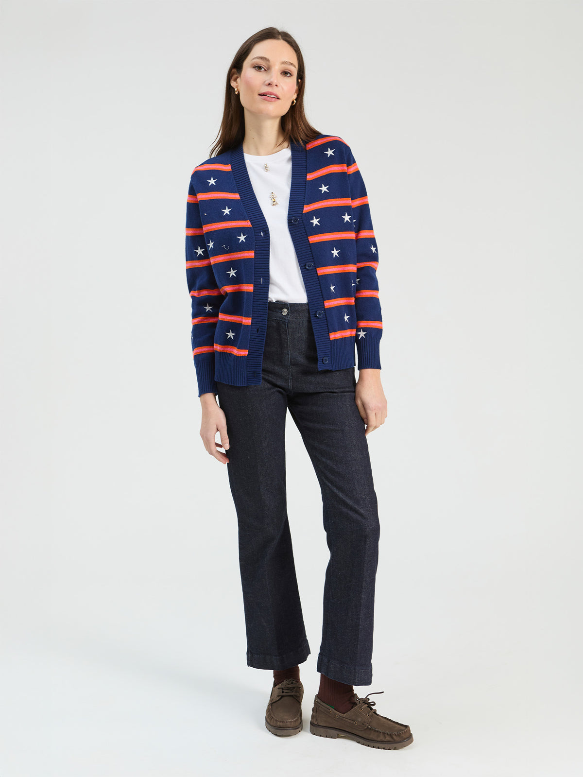 NAVY KNITTED CARDIGAN WITH WHITE STARS AND ORANGE STRIPES