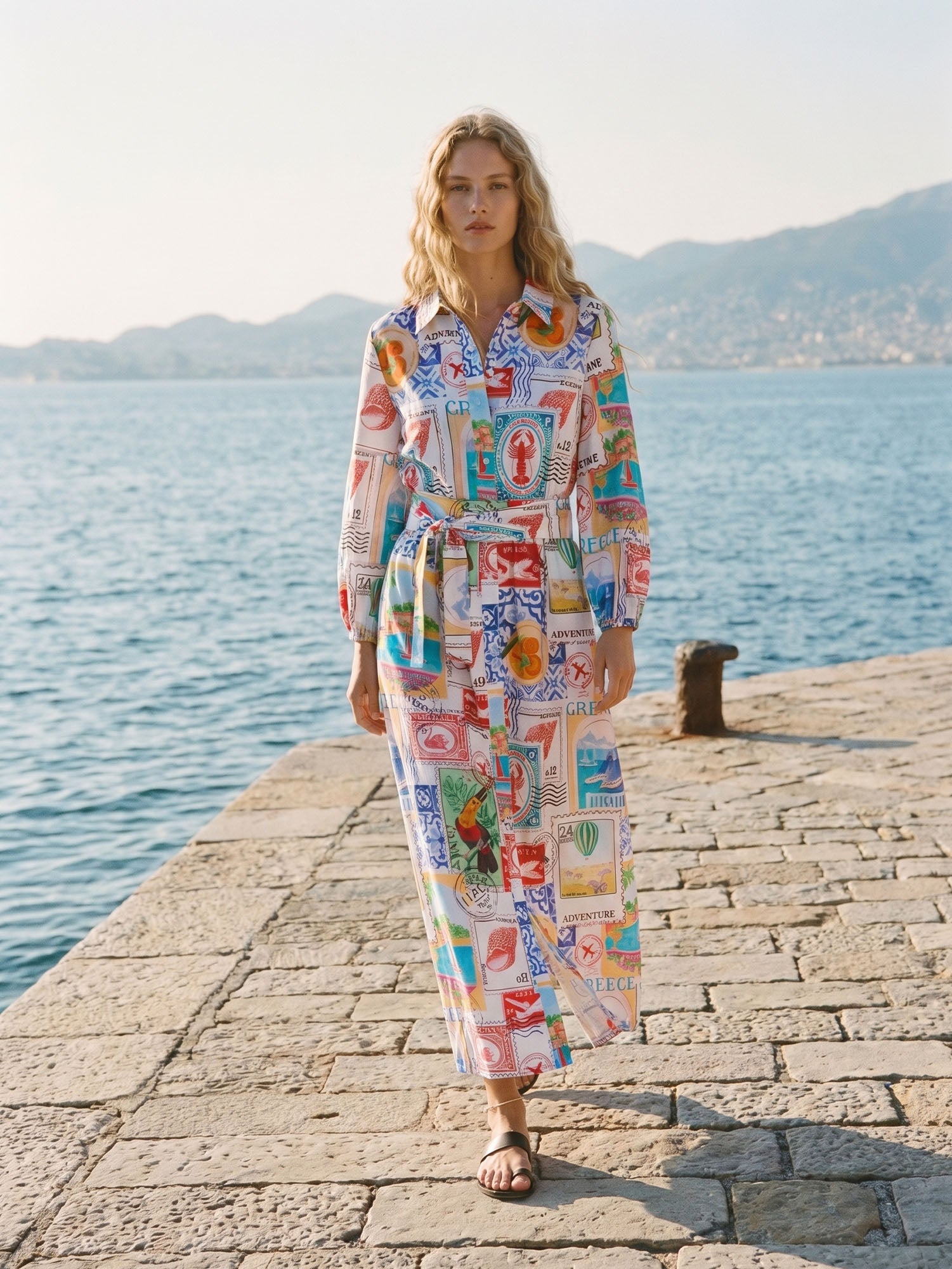 LONG DRESS WITH TRAVEL STAMP PRINT