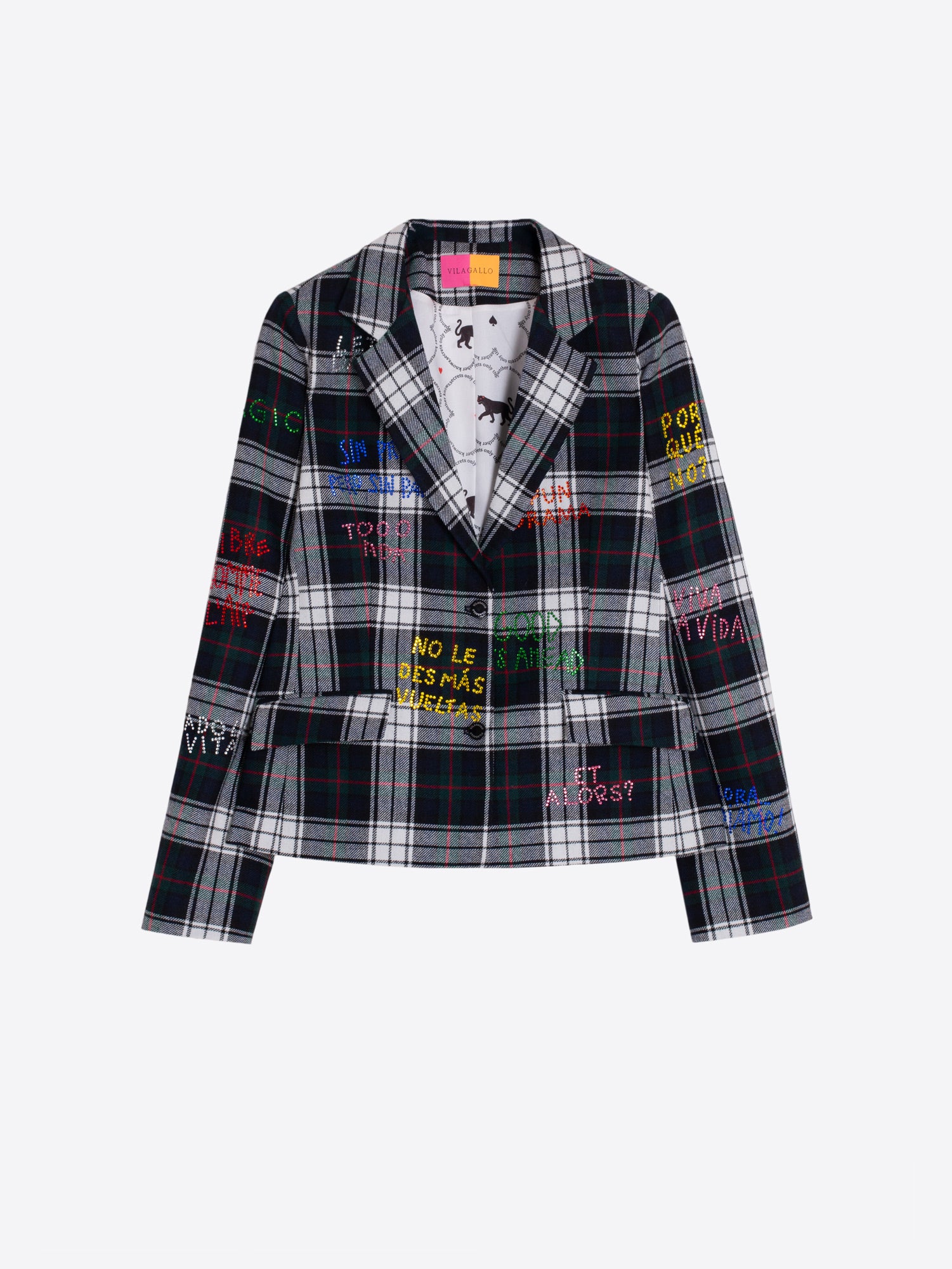 CHAQUETA CUADROS MENSAJES BORDADOS