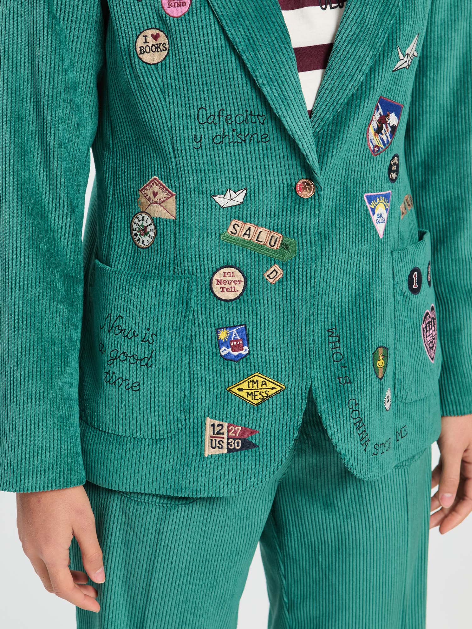 GREEN CORDUROY JACKET WITH MULTICOLOR EMBROIDERY