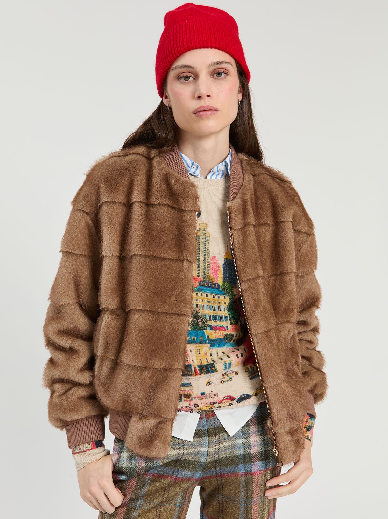 CAMEL FAUX FUR BOMBER JACKET