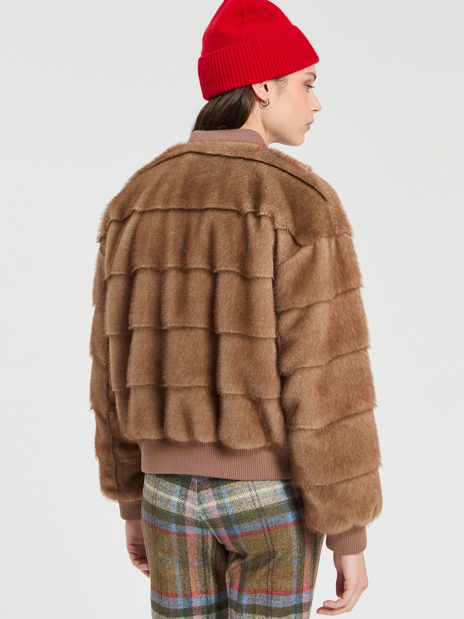 CAMEL FAUX FUR BOMBER JACKET