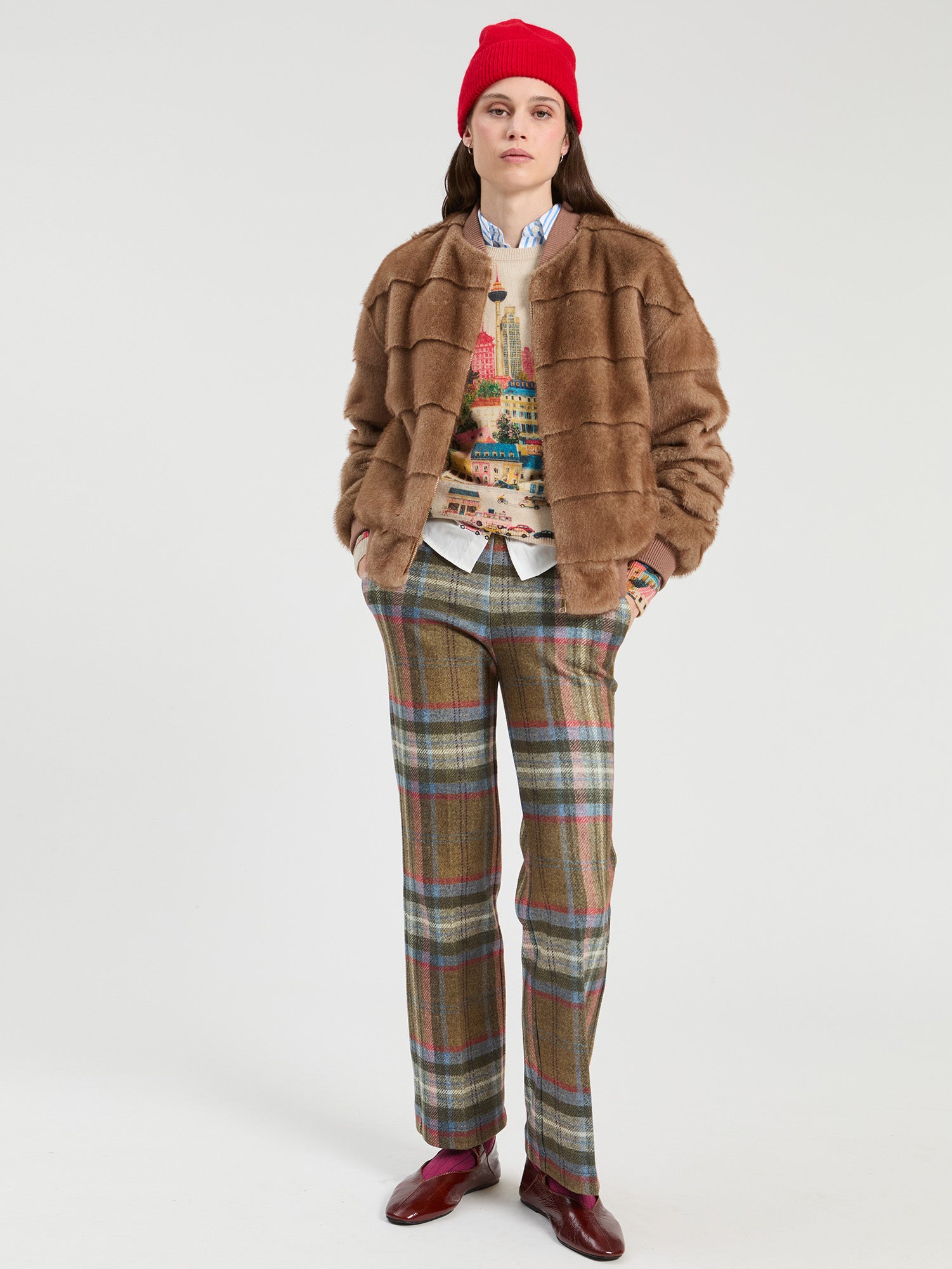 CAMEL FAUX FUR BOMBER JACKET