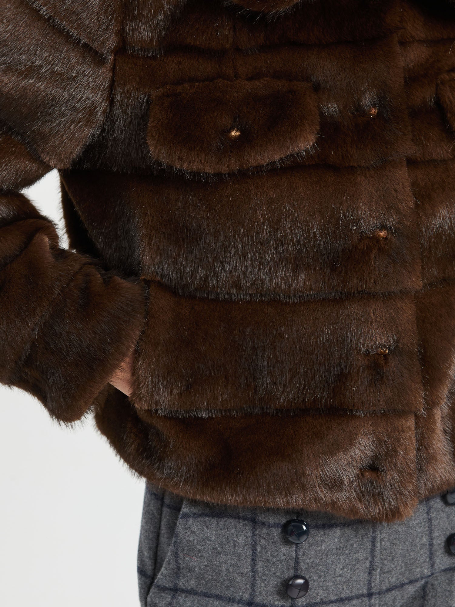 BROWN FUR JACKET, DENIM EFFECT