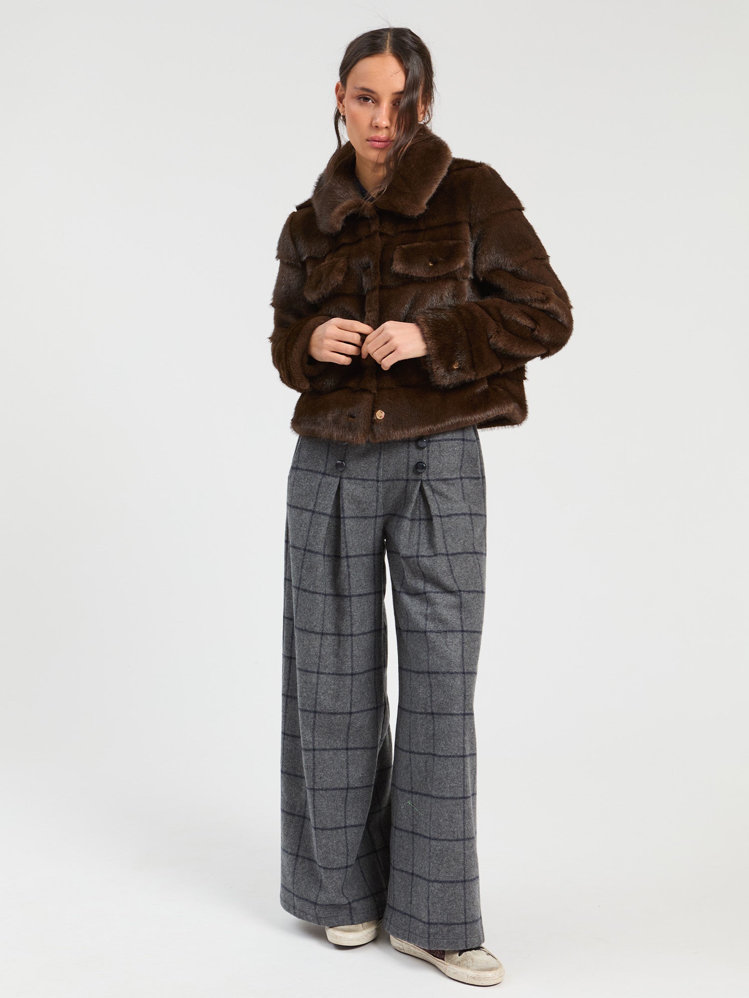 BROWN FUR JACKET, DENIM EFFECT