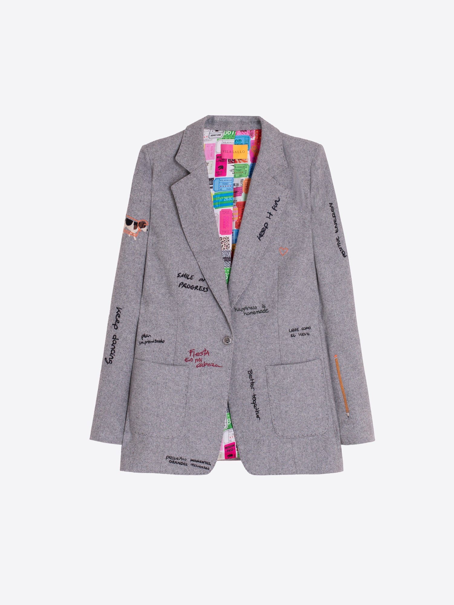 CHAQUETA GRIS ESPIGA BORDADO GARABATOS