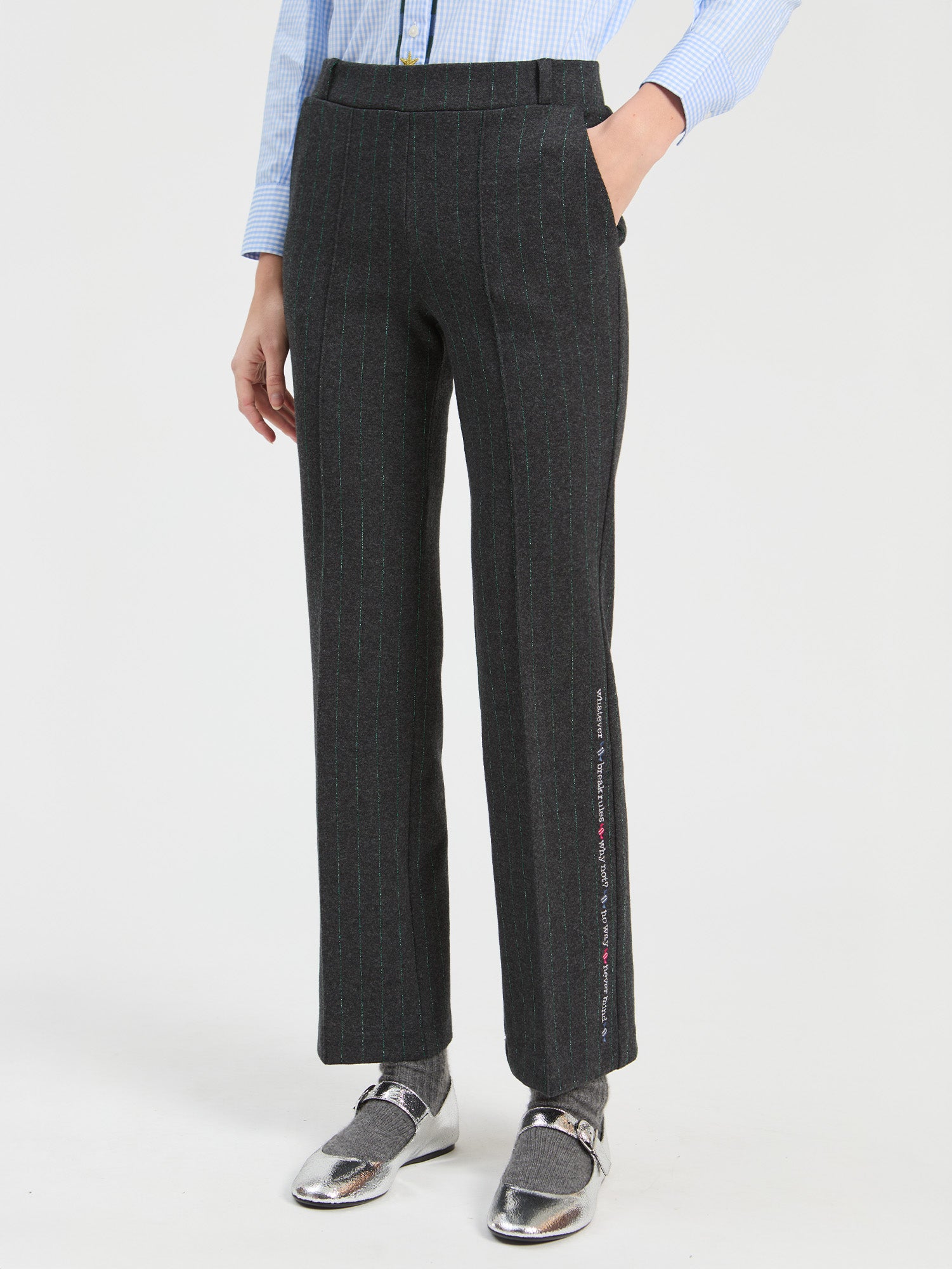 GREEN LUREX PINSTRIPE TROUSERS