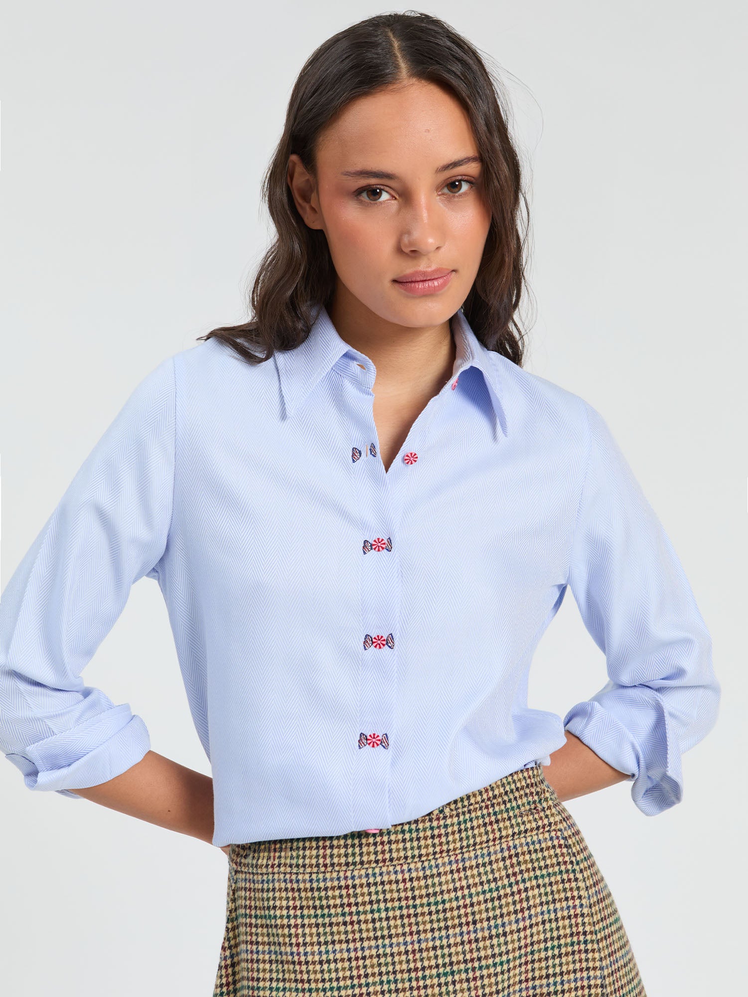 HERRINGBONE BLUE EMBROIDERED SHIRT