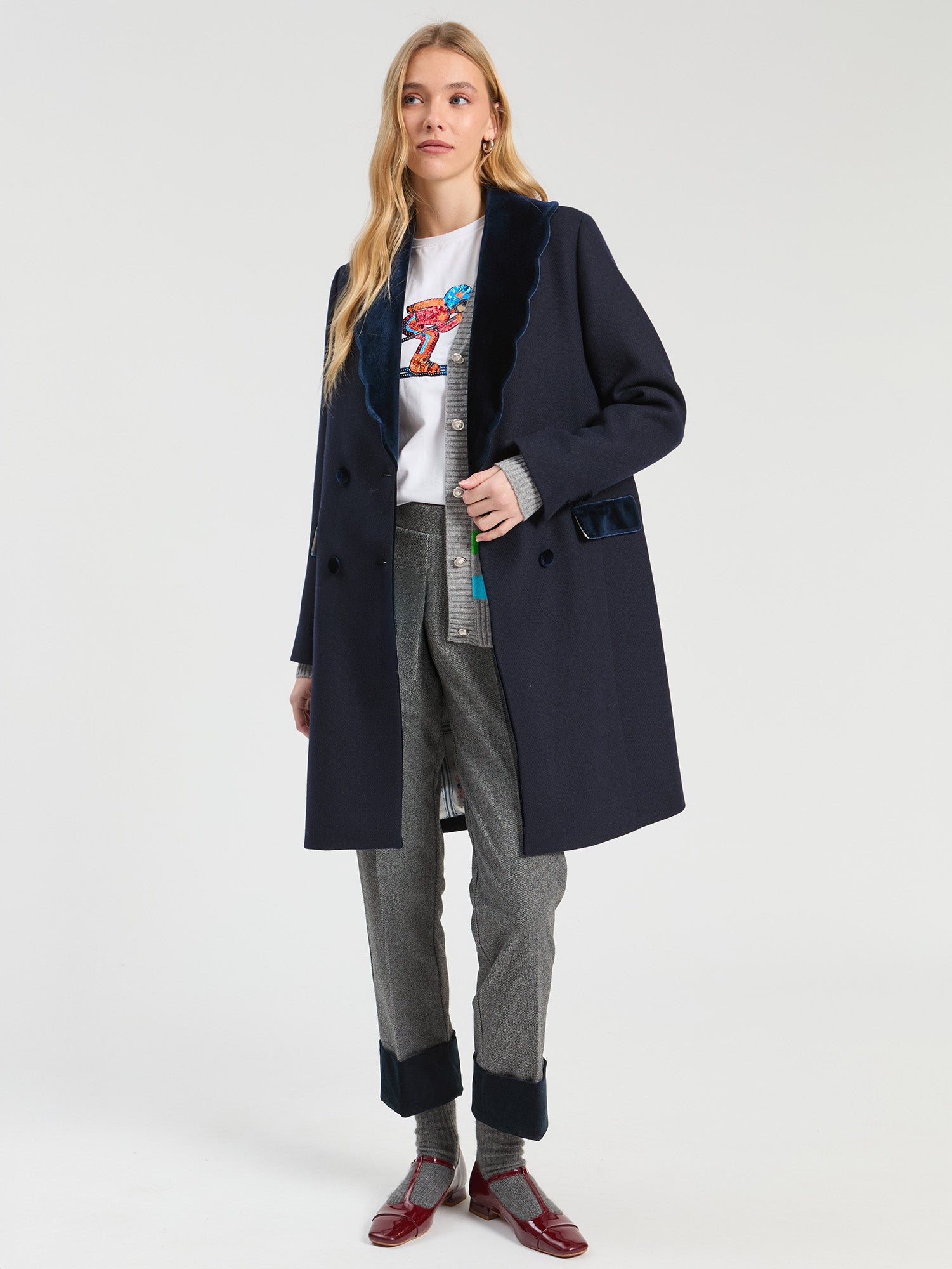 NAVY BLUE WOOL COAT WITH WAVY DETAIL