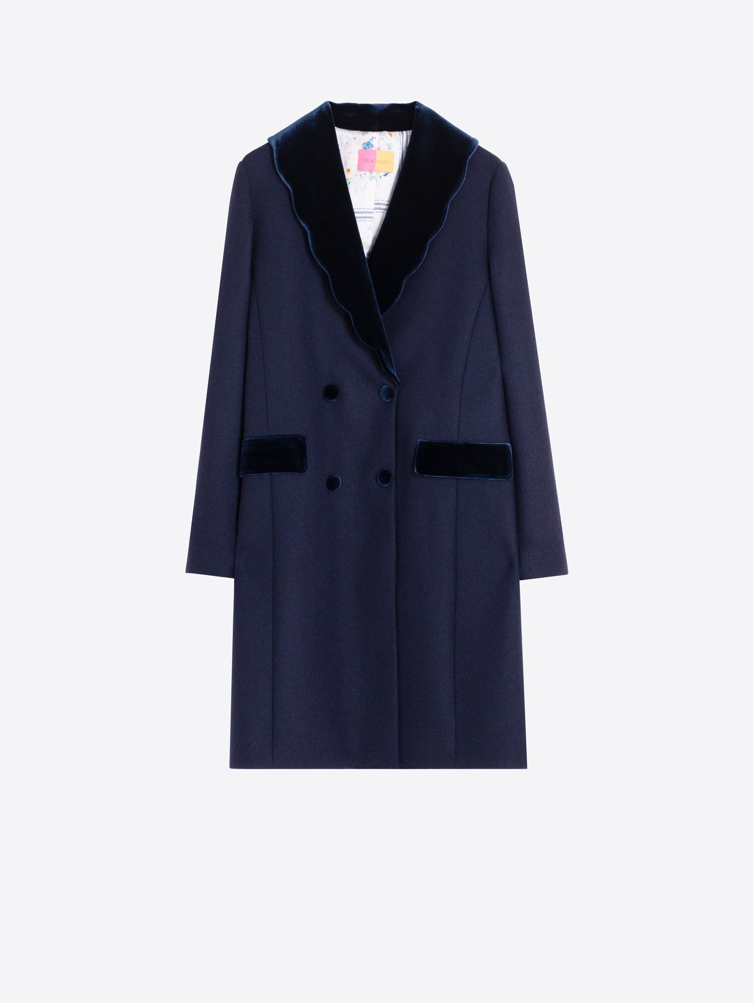 NAVY BLUE WOOL COAT WITH WAVY DETAIL
