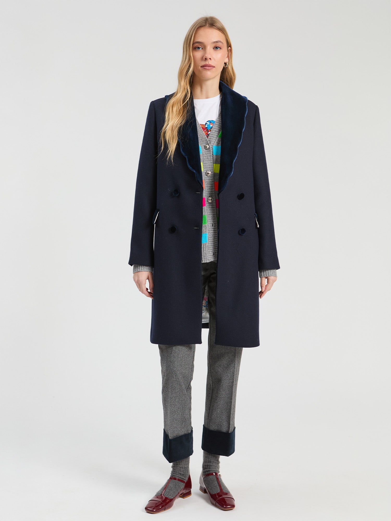 NAVY BLUE WOOL COAT WITH WAVY DETAIL