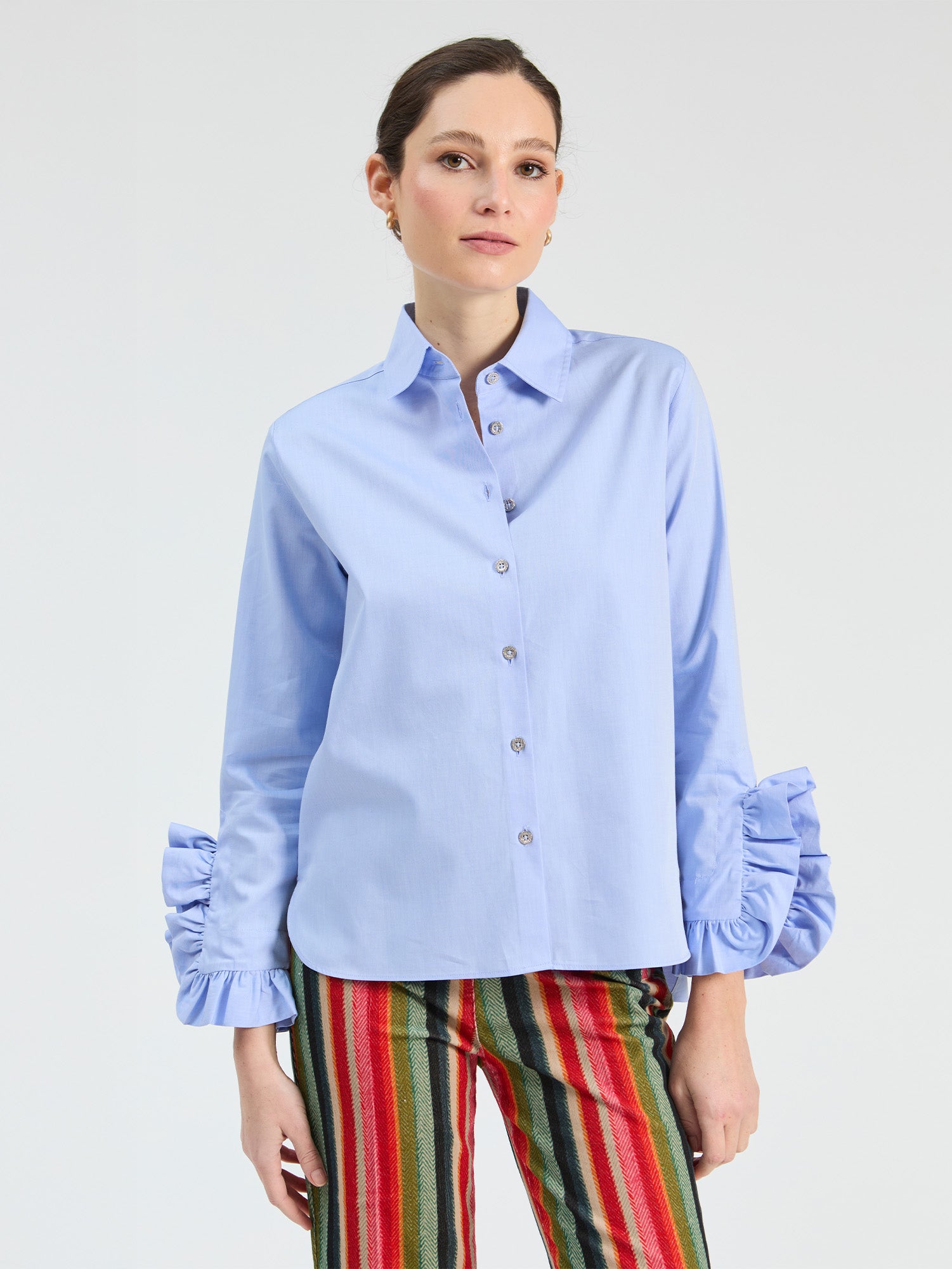 BLUE SHIRT WITH SIDE RUFFLES