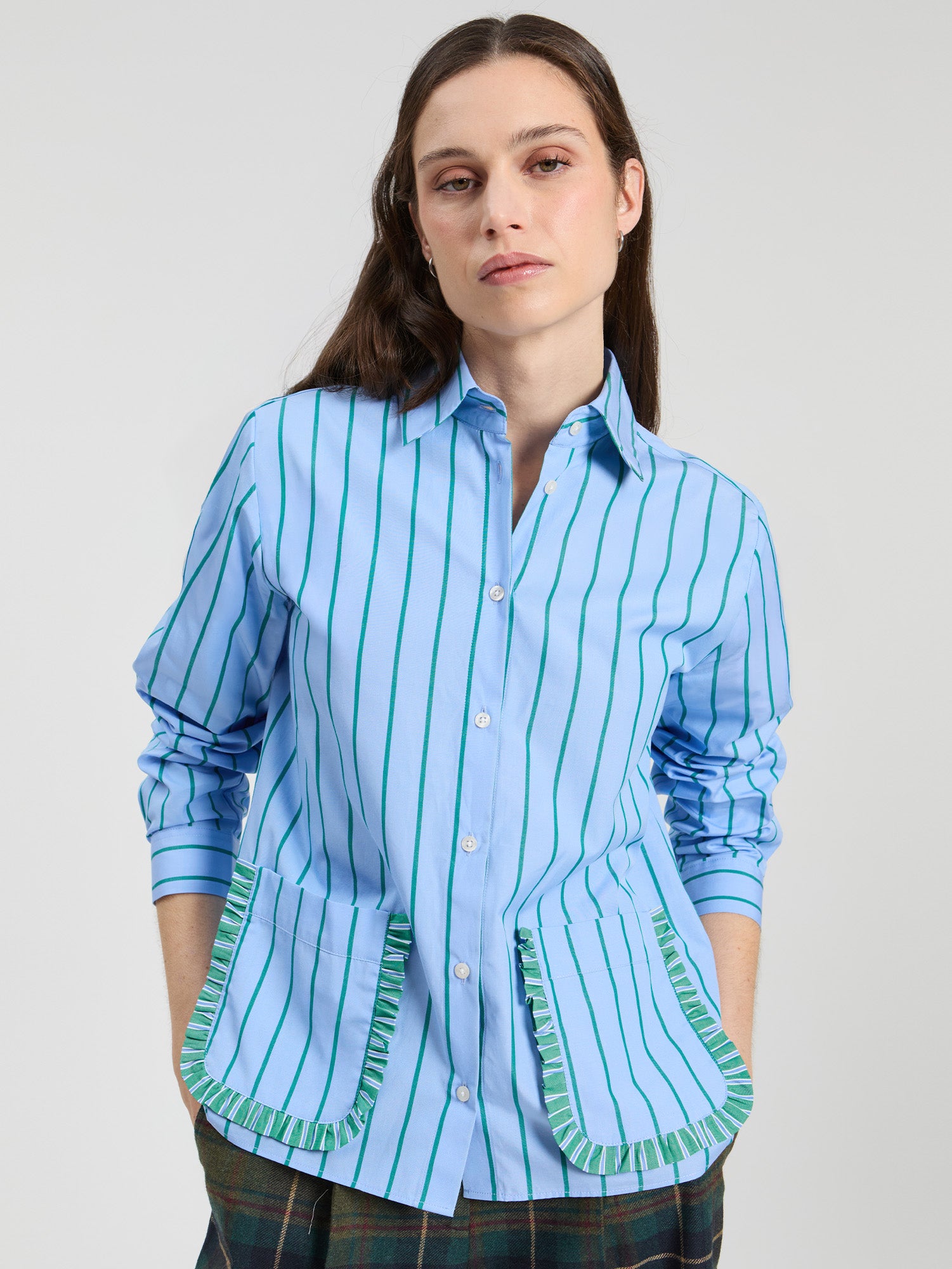 GREEN STRIPED SHIRT WITH RUFFLE POCKETS