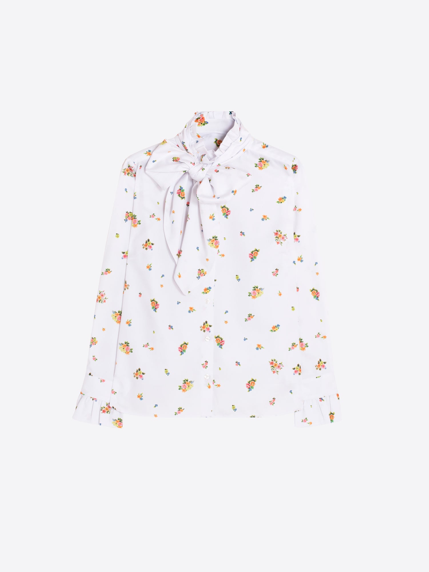 WHITE FLOWER PRINT BLOUSE WITH BOW AT THE NECK