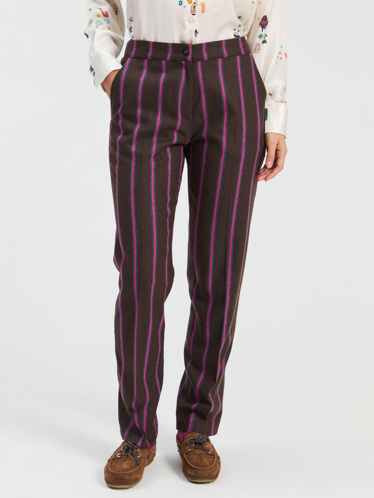 BROWN STRIPED WOOL TROUSERS WITH PINK DETAILS