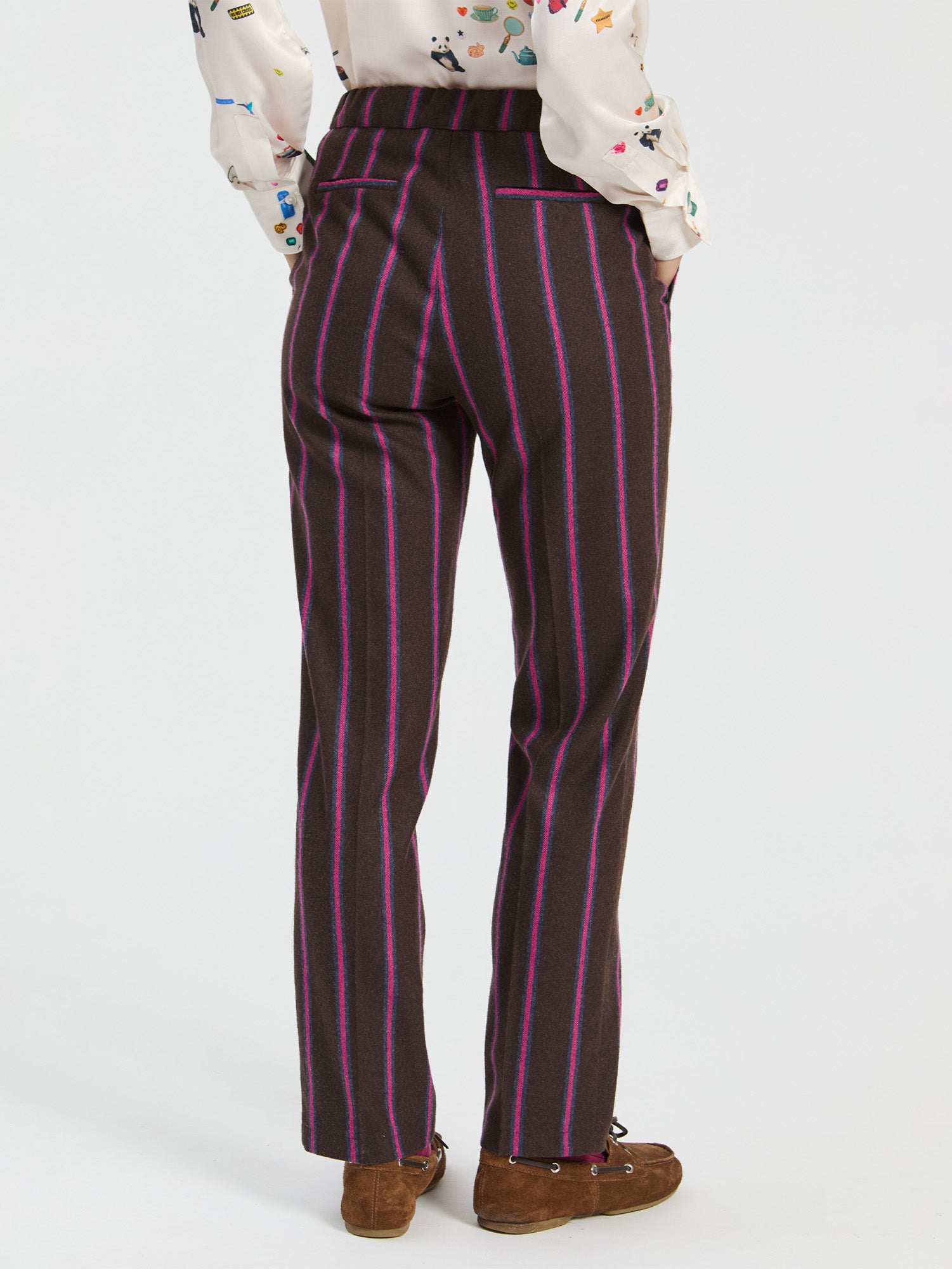 BROWN STRIPED WOOL TROUSERS WITH PINK DETAILS