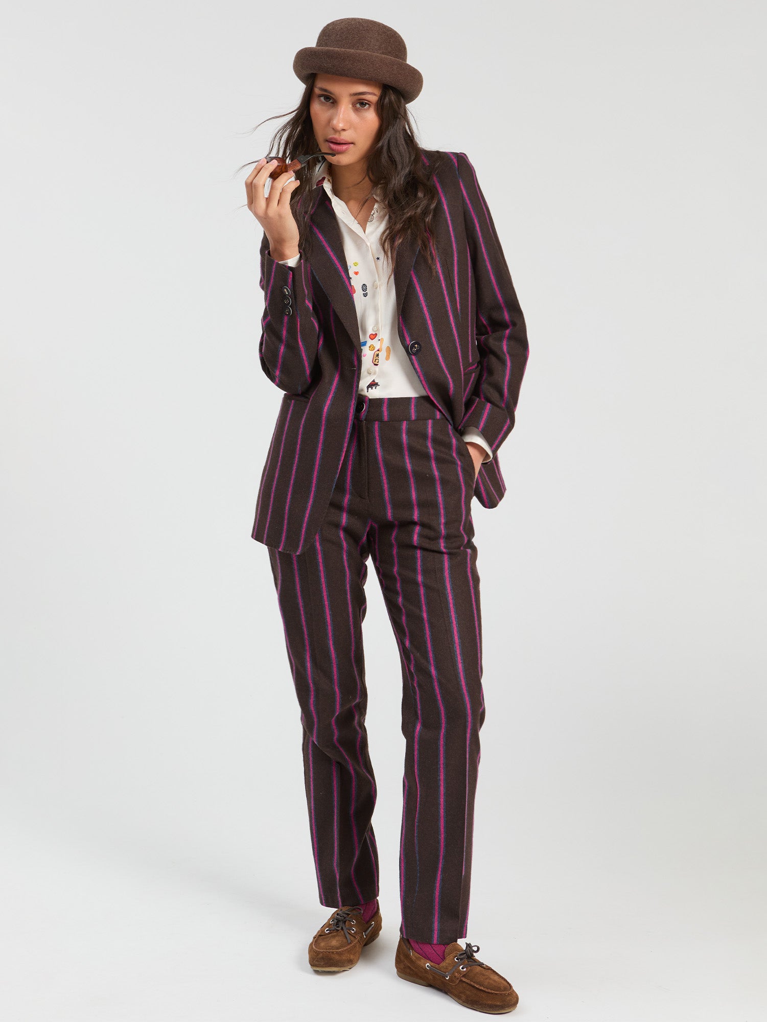 BROWN STRIPED WOOL TROUSERS WITH PINK DETAILS