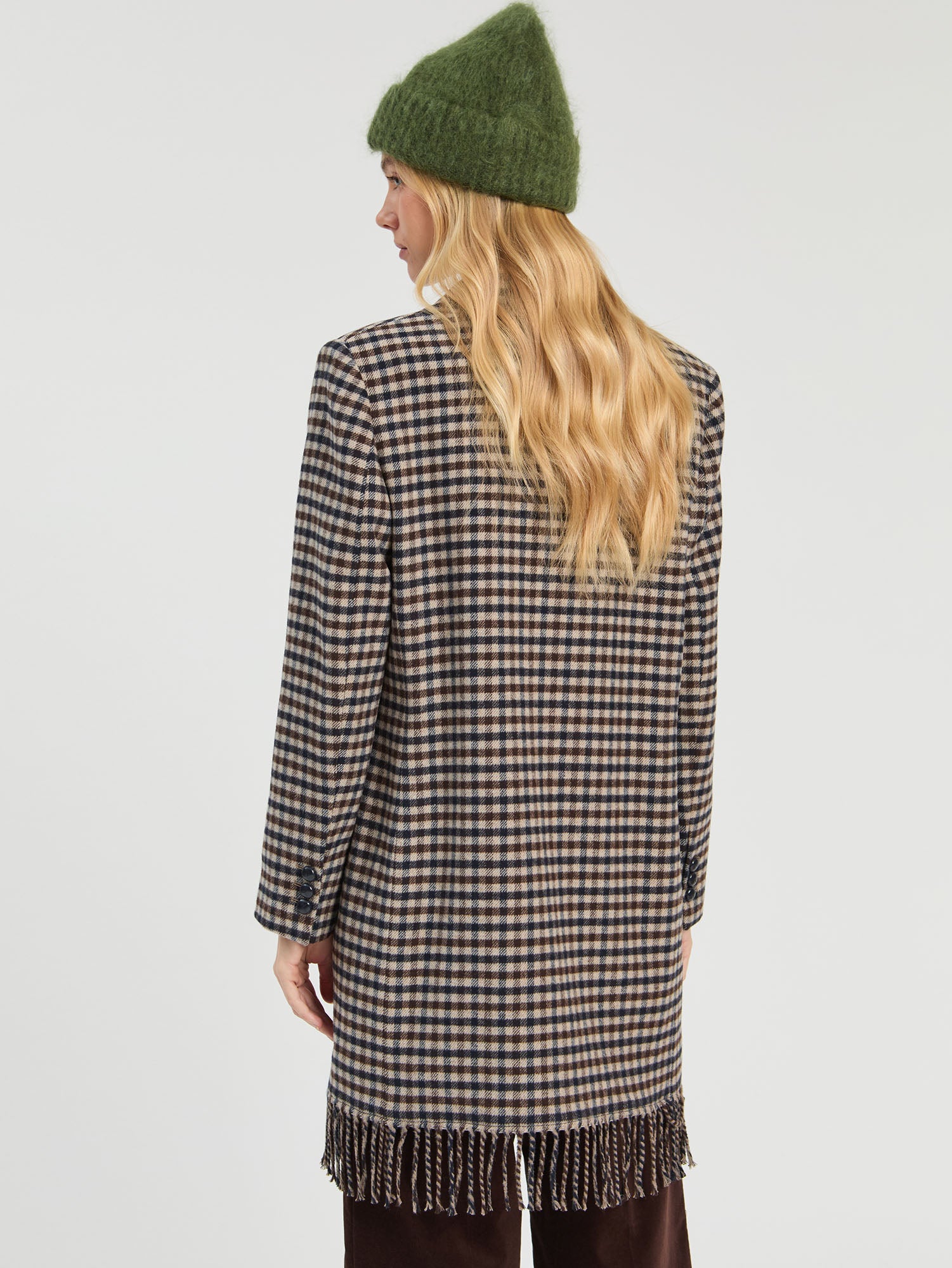 CHECKED COAT WITH FRINGES