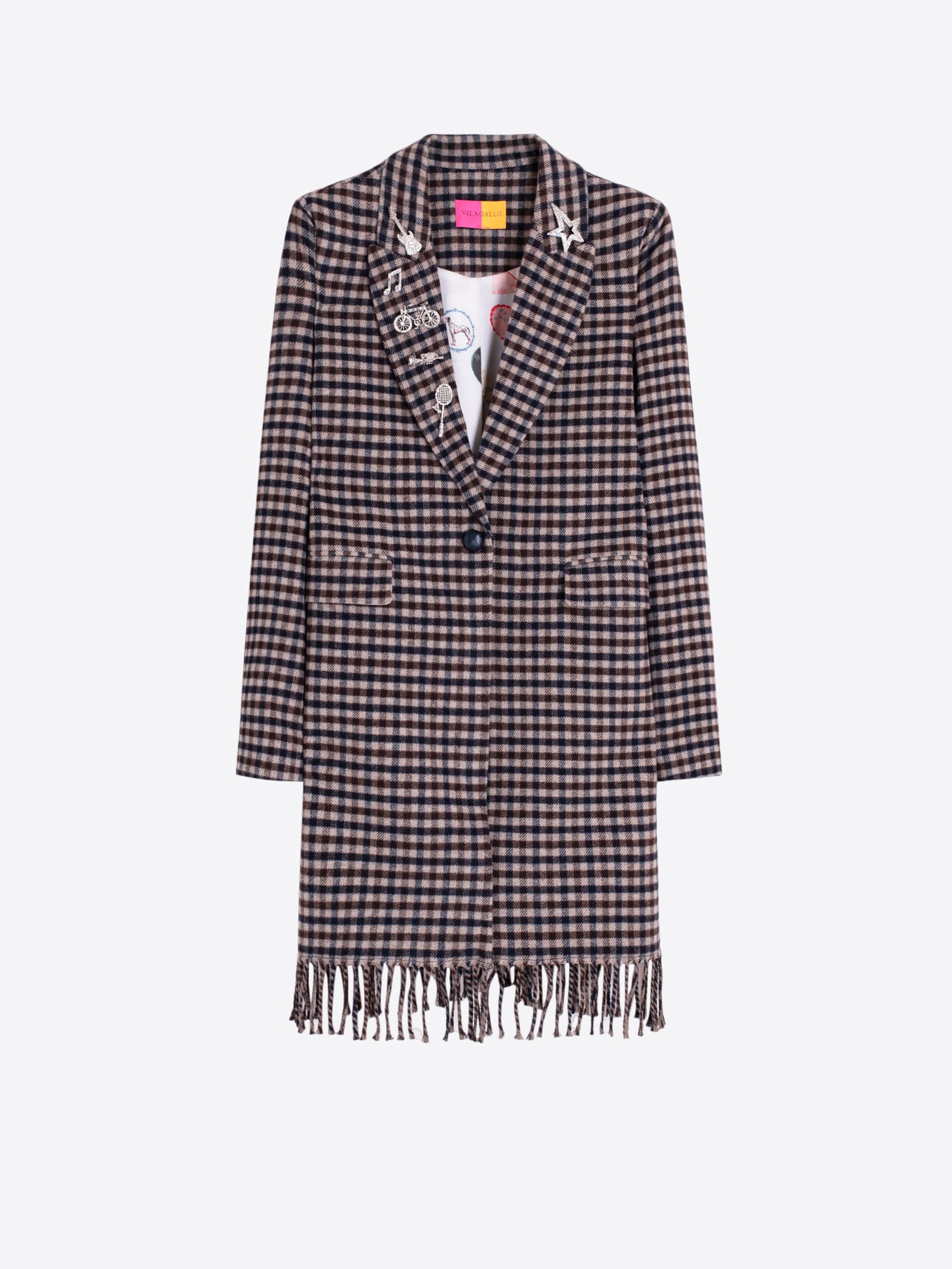 CHECKED COAT WITH FRINGES