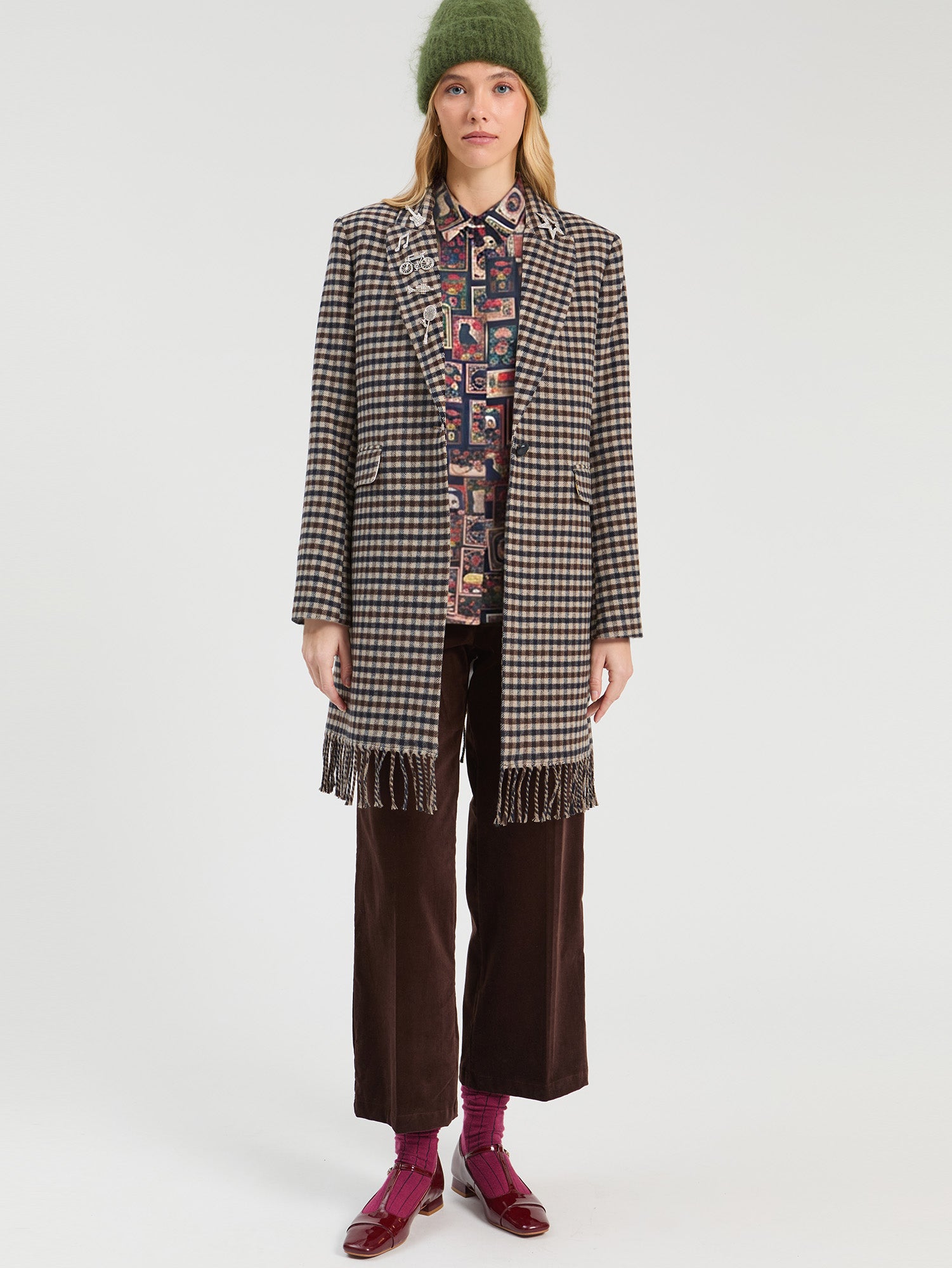 CHECKED COAT WITH FRINGES