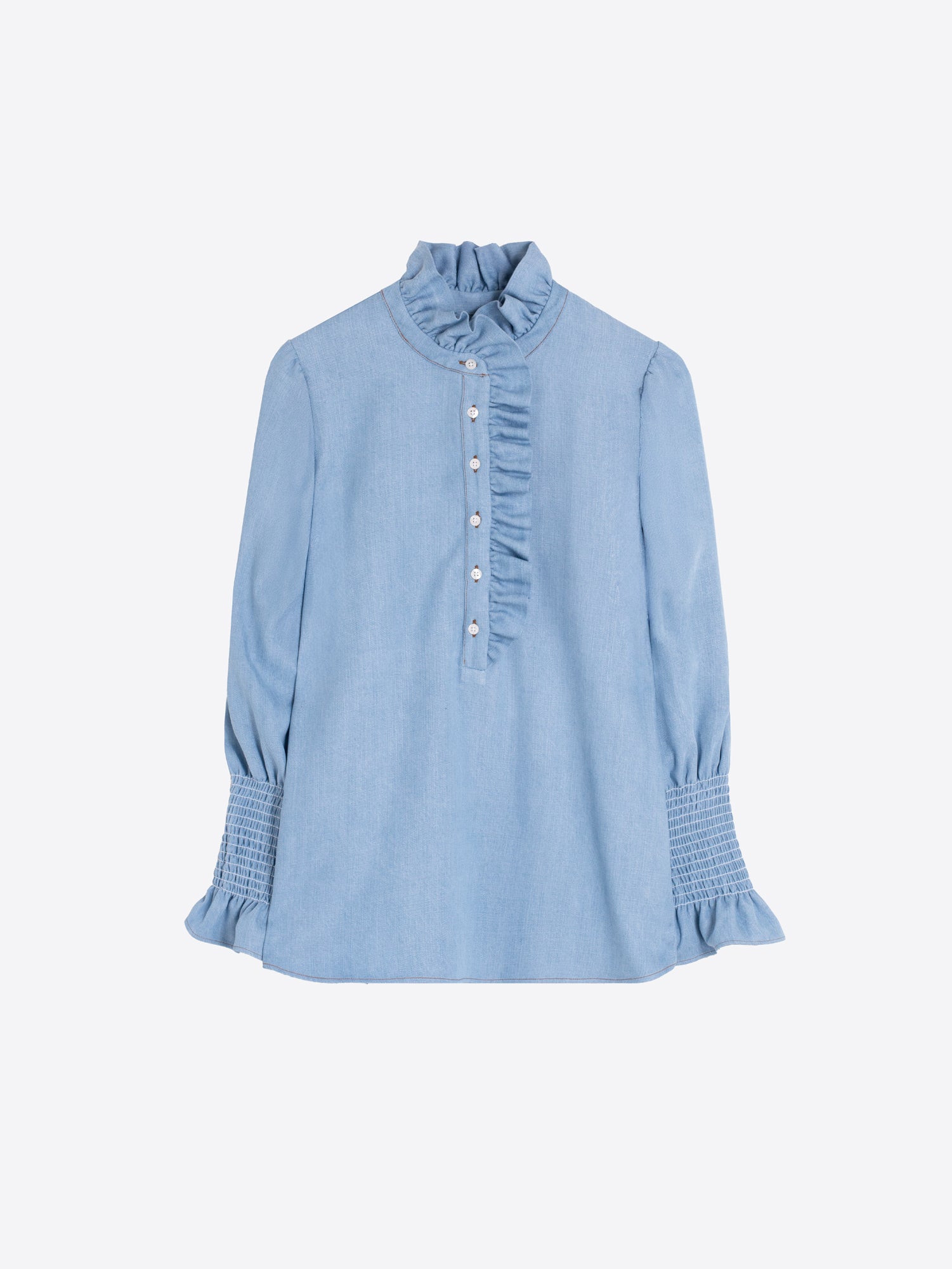 CAMISA AZUL DENIM VOLANTES FRONTALES