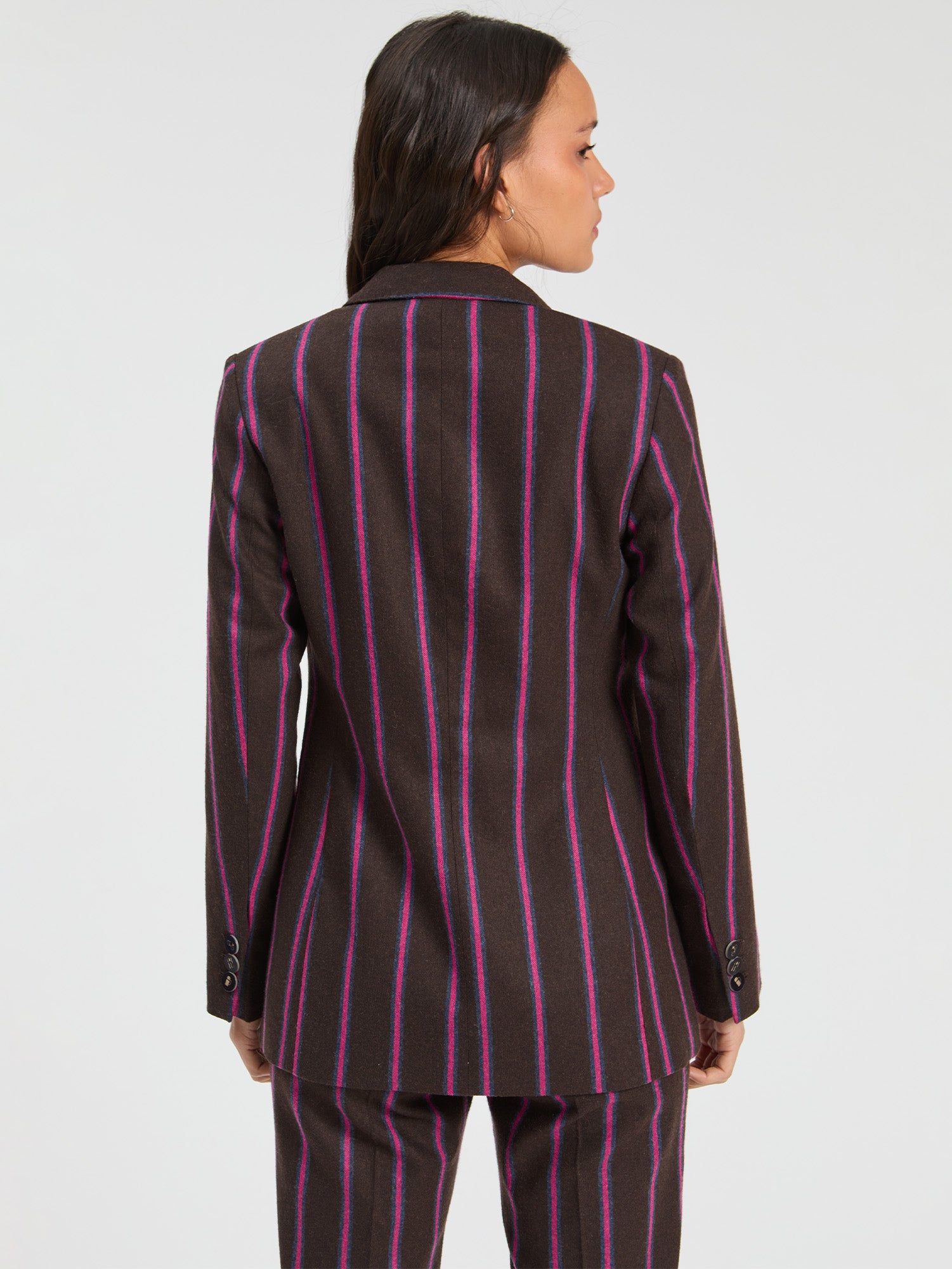 BROWN STRIPED WOOL JACKET WITH PINK DETAILS