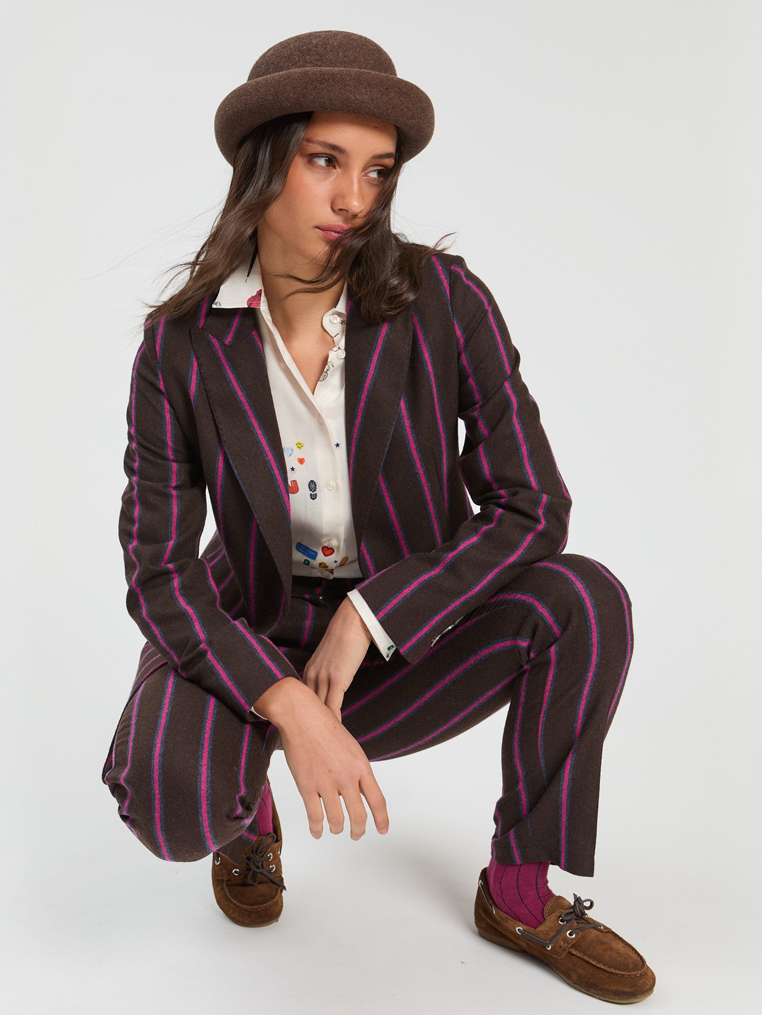 BROWN STRIPED WOOL JACKET WITH PINK DETAILS
