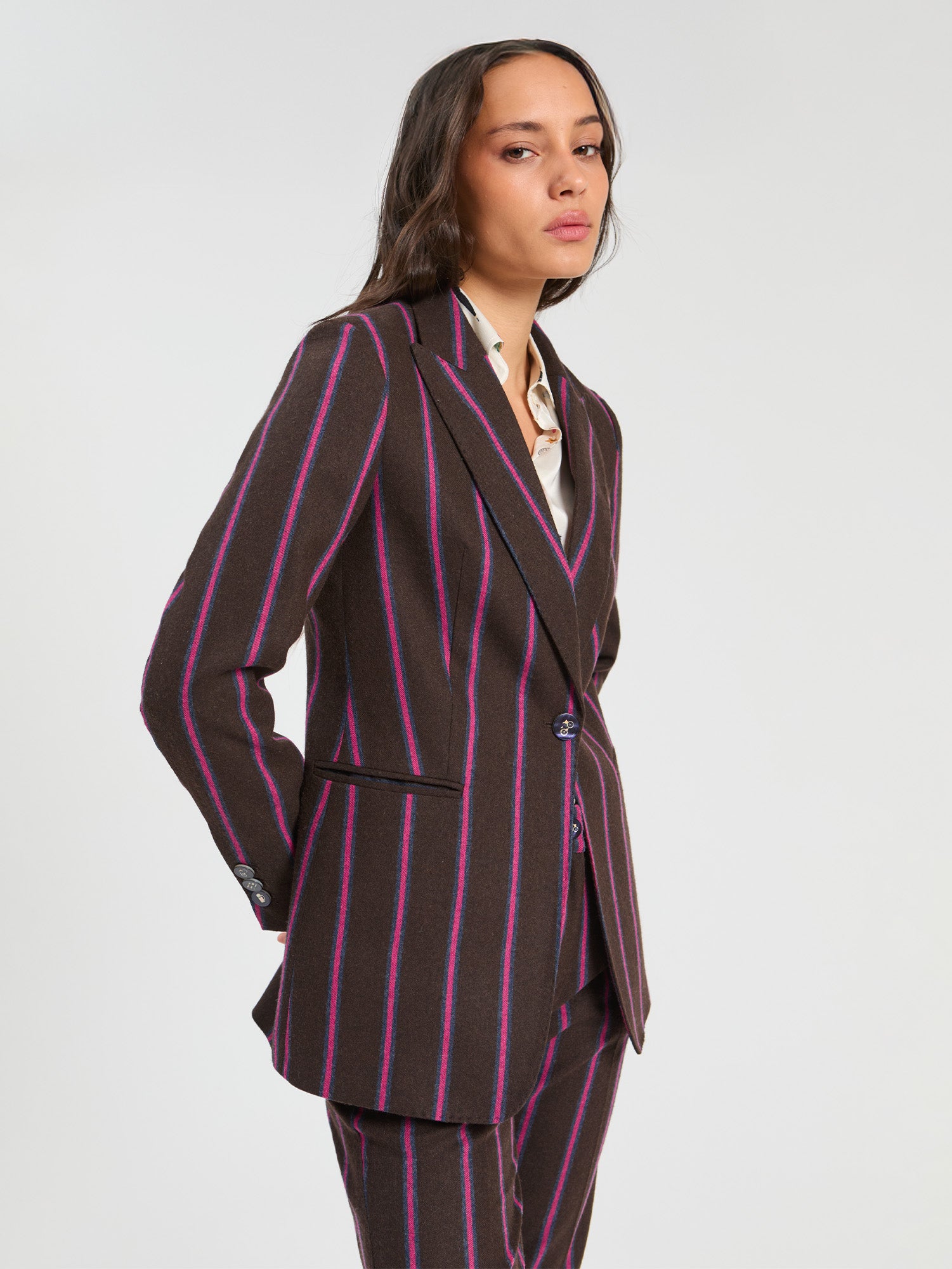 BROWN STRIPED WOOL JACKET WITH PINK DETAILS