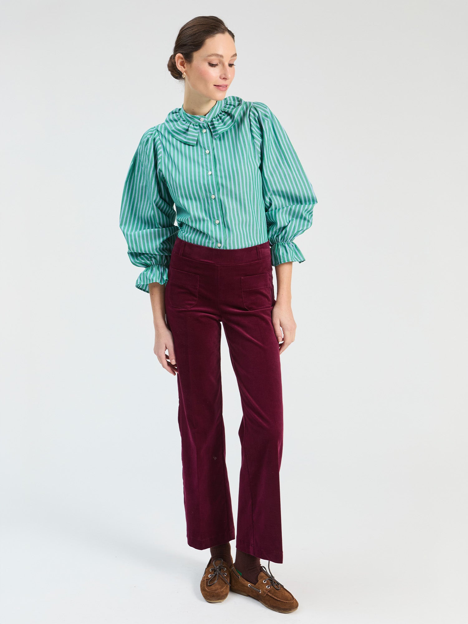GREEN STRIPED RUFFLE SHIRT