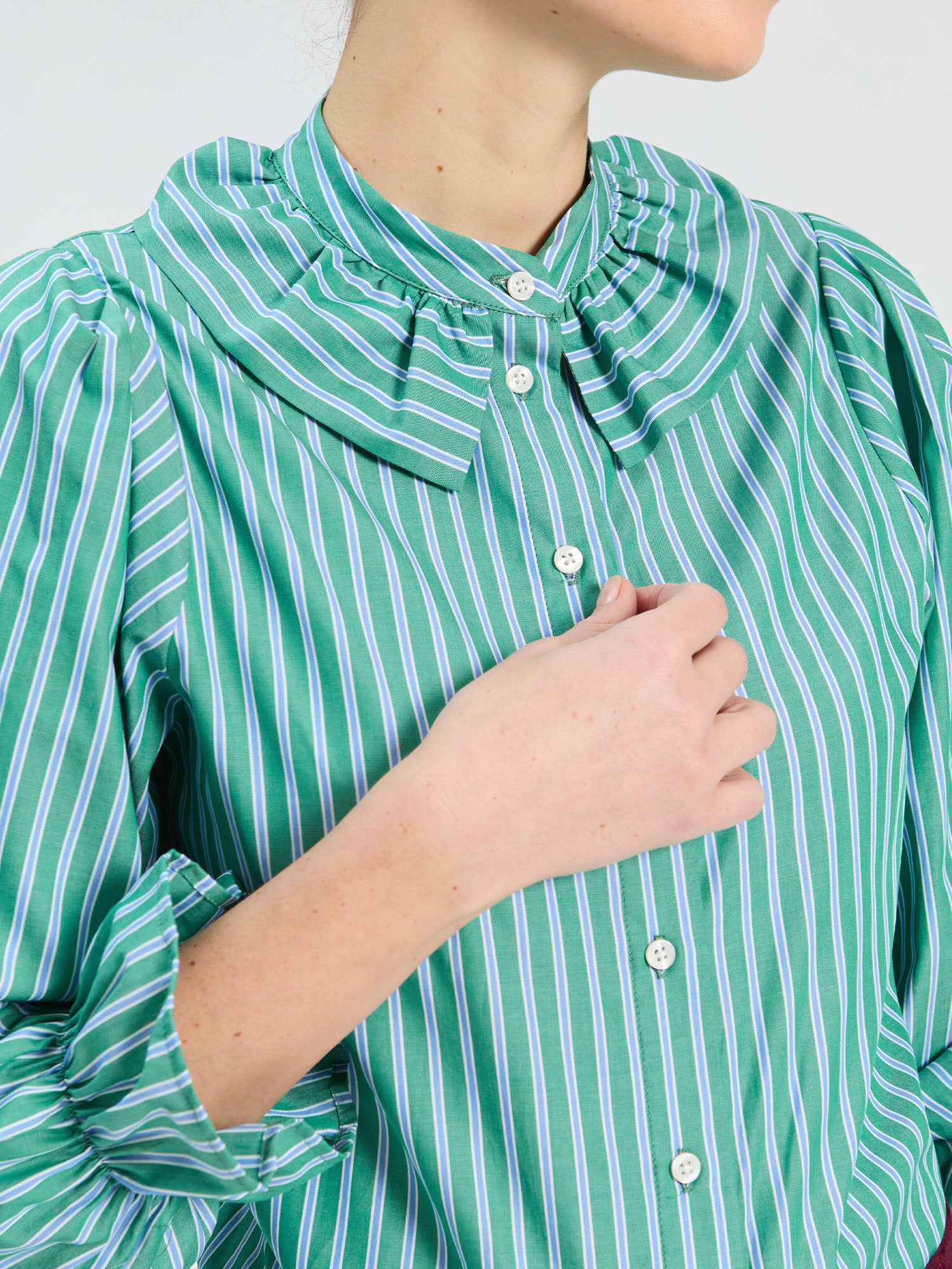 GREEN STRIPED RUFFLE SHIRT