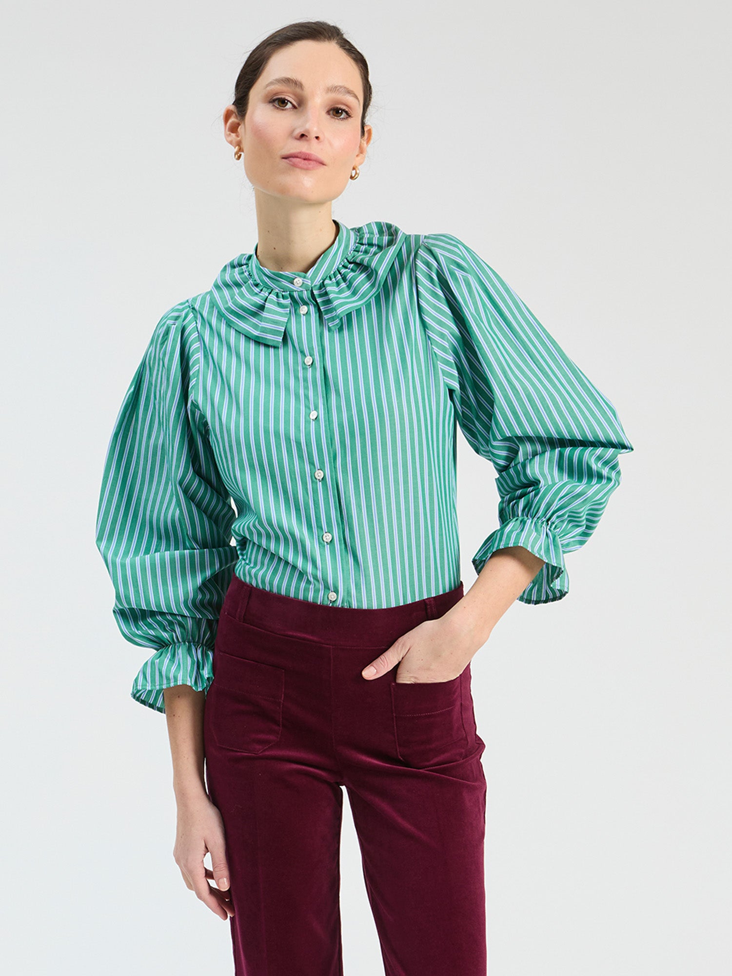 GREEN STRIPED RUFFLE SHIRT