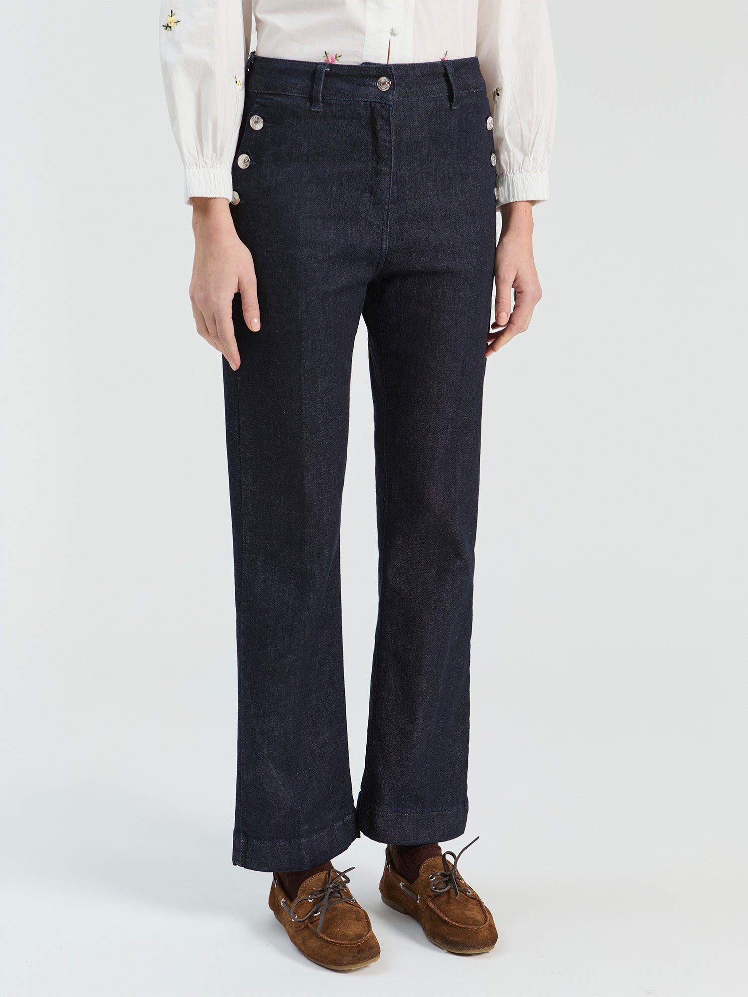 NAVY DENIM JEWEL BUTTON TROUSERS