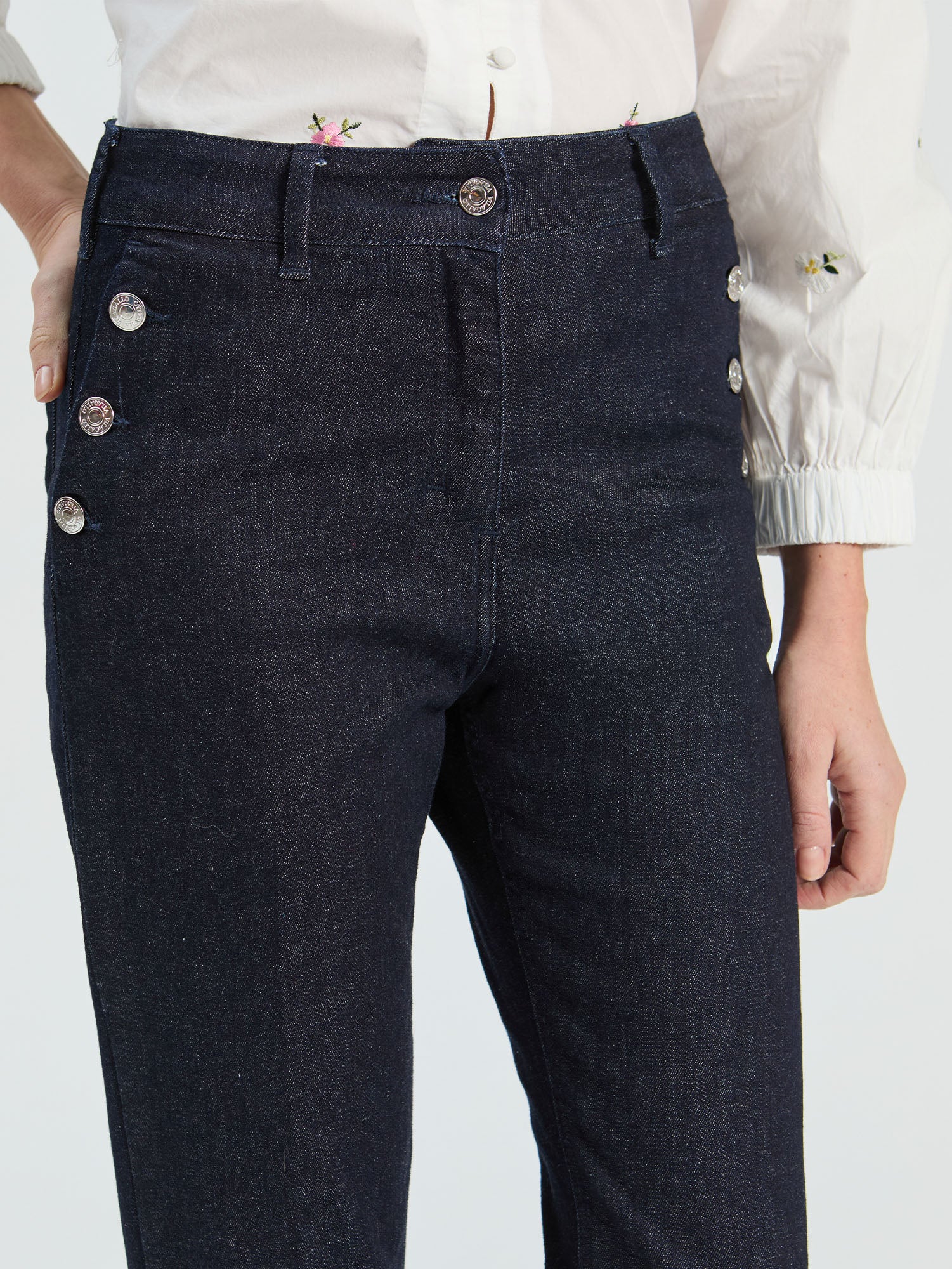 NAVY DENIM JEWEL BUTTON TROUSERS