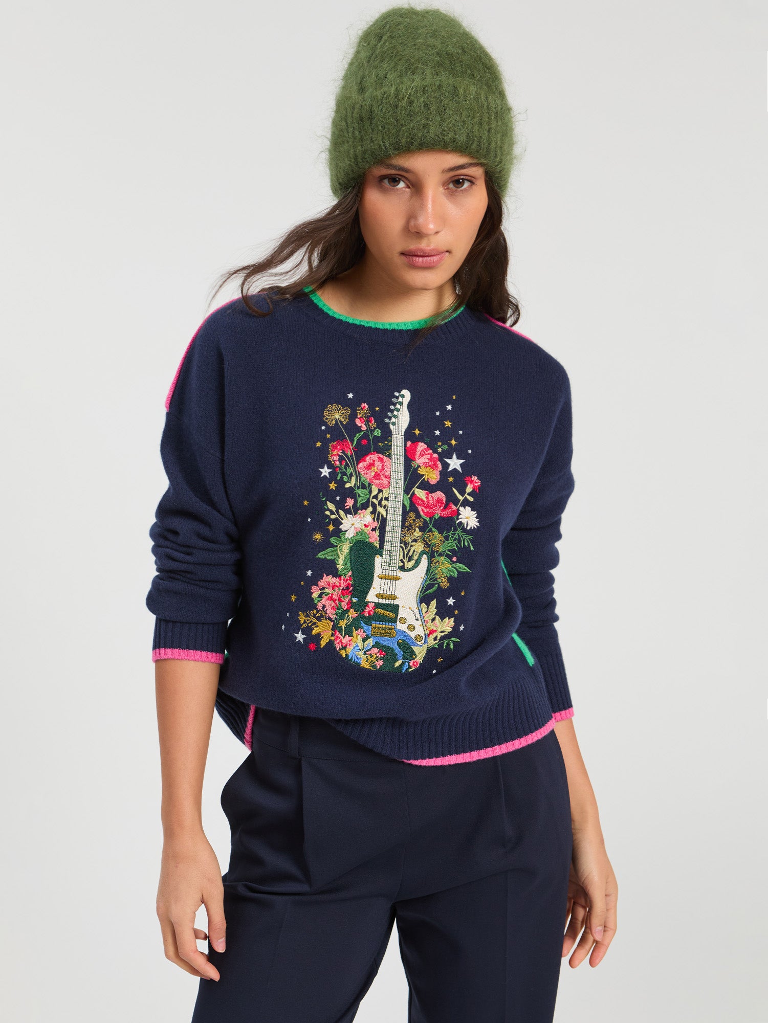 NAVY EMBROIDERED GUITAR JUMPER