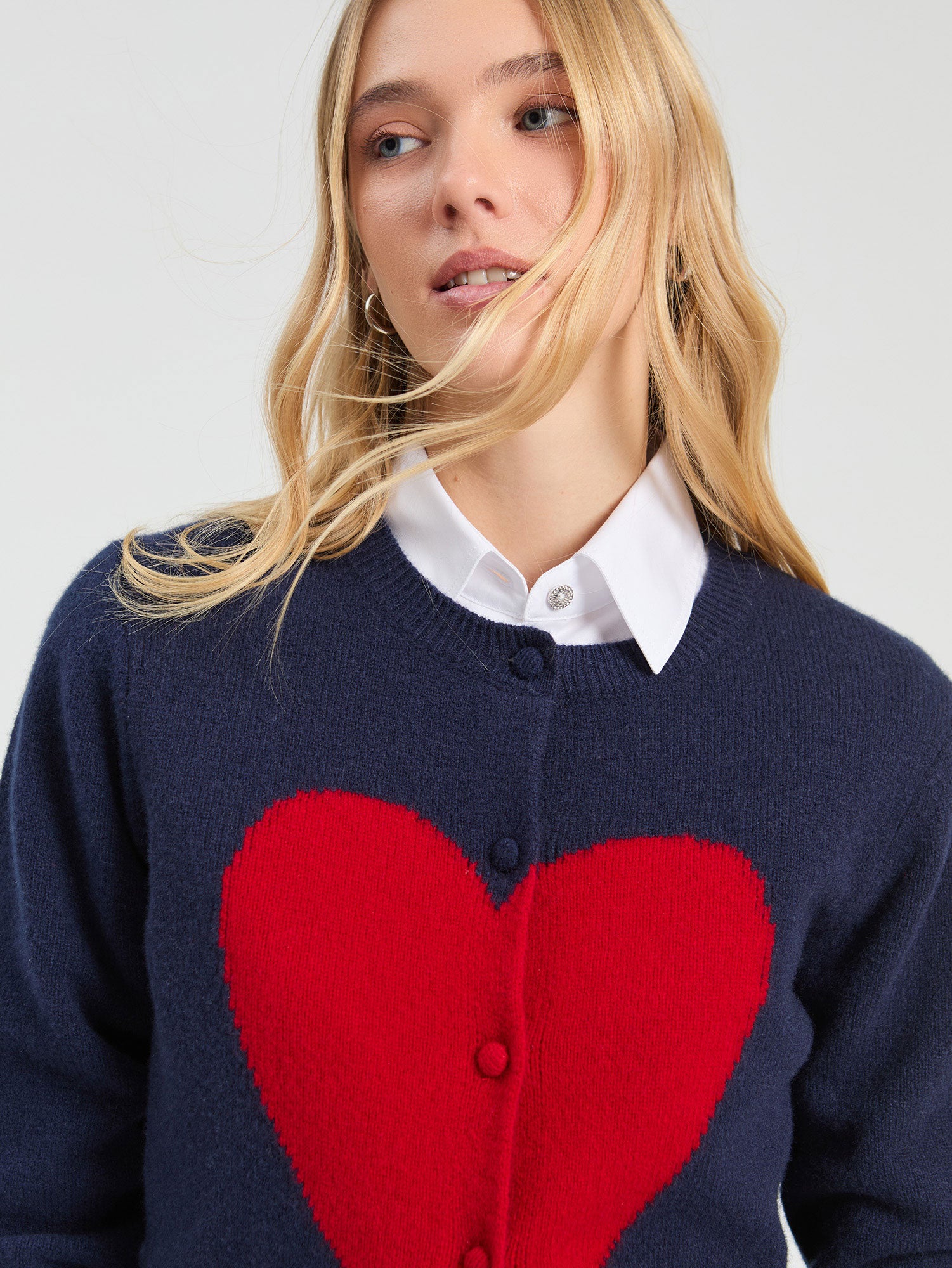 NAVY RED HEART INTARSIA CARDIGAN