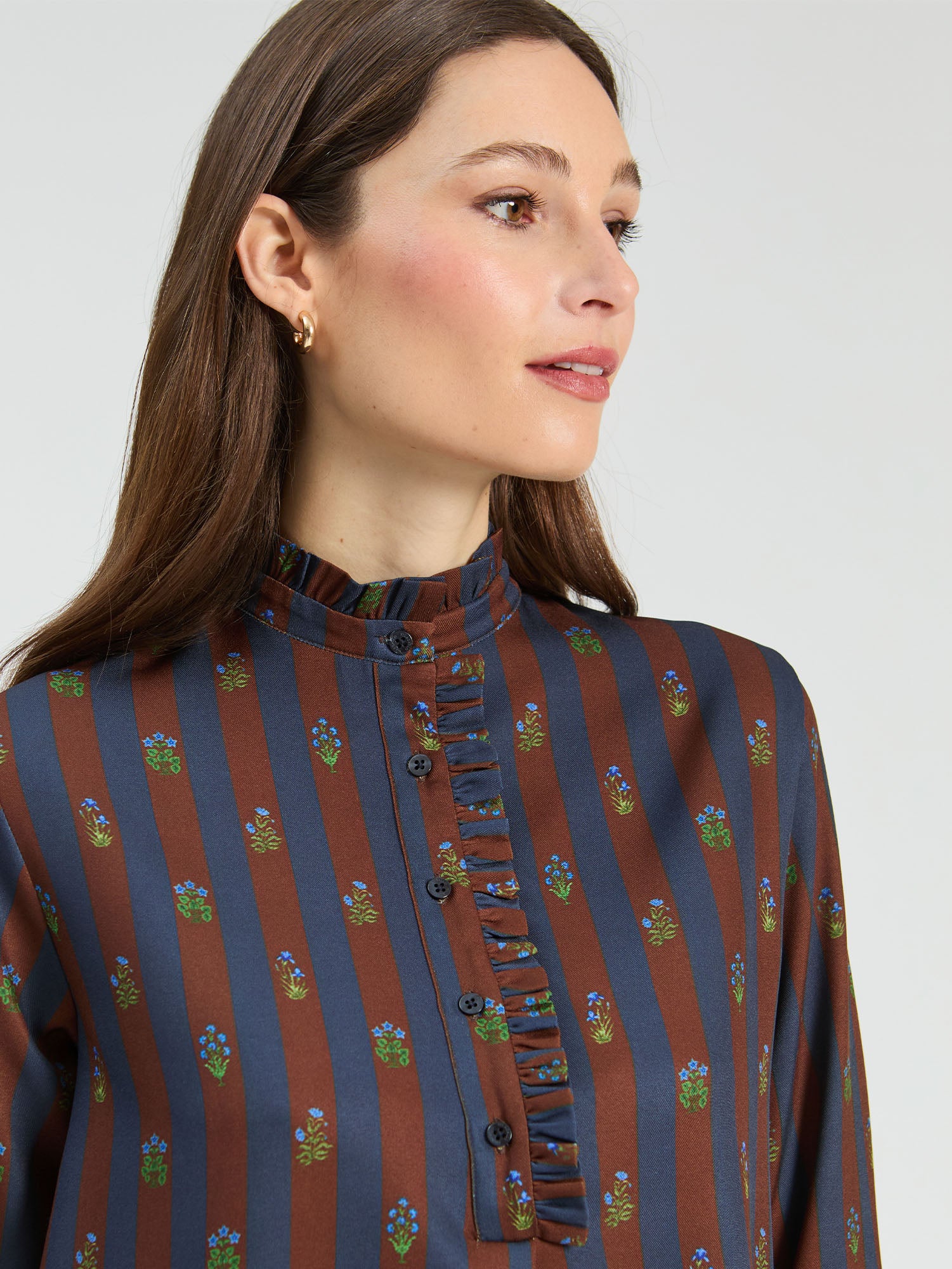 SHORT DRESS INDIAN FLOWER STRIPES BROWN NAVY