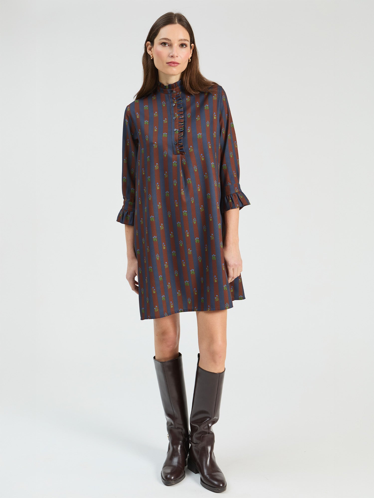 SHORT DRESS INDIAN FLOWER STRIPES BROWN NAVY