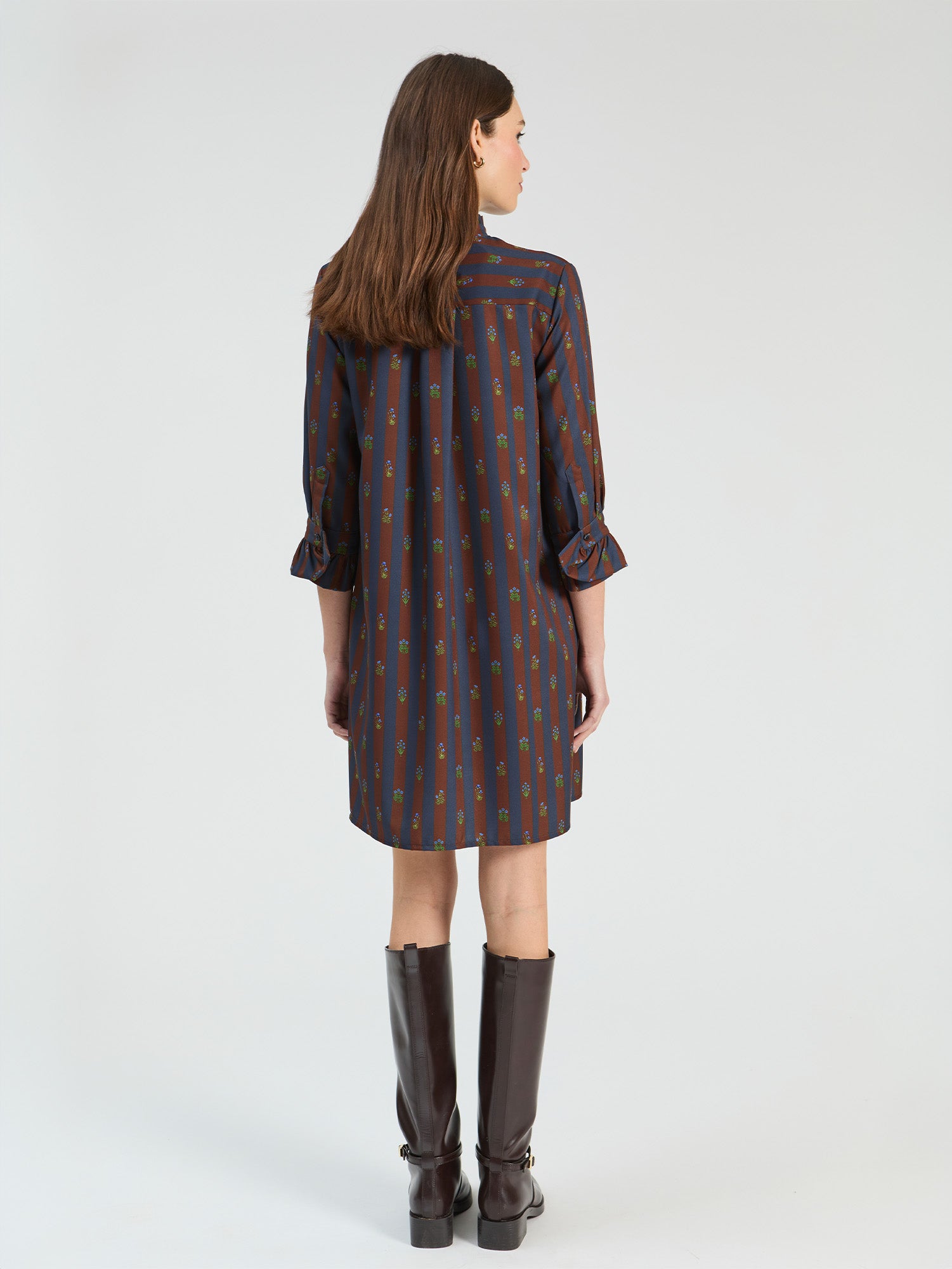 SHORT DRESS INDIAN FLOWER STRIPES BROWN NAVY